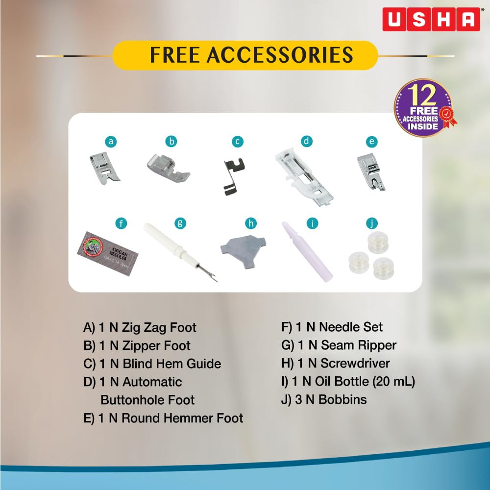 Usha Janome Stitch Magic Automatic Zig-Zag Electric Sewing Machine 23 Built-In-Stitches 57 Stitch FunctionWhite And Blue with complementary Sewing Lessons in Nine languages