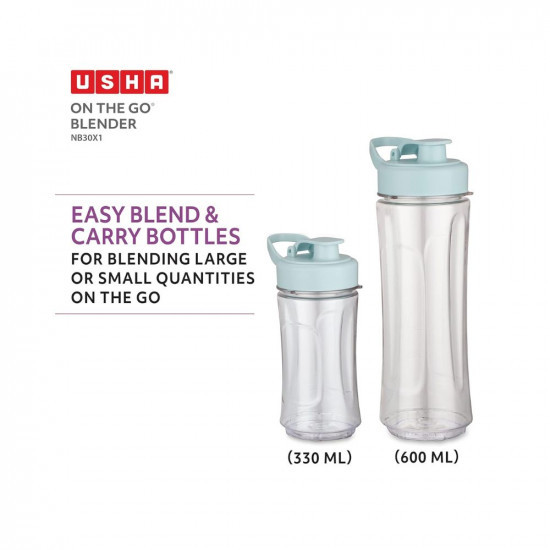 USHA On The Go Blender NB30X1 Nutri Blend 350 W 100 Copper Motor For Longer Life 2 Jars 600 Ml 330 Ml With Easy To Carry Bottles Spill Proof Spout Store Lids 2 Years Warranty Green