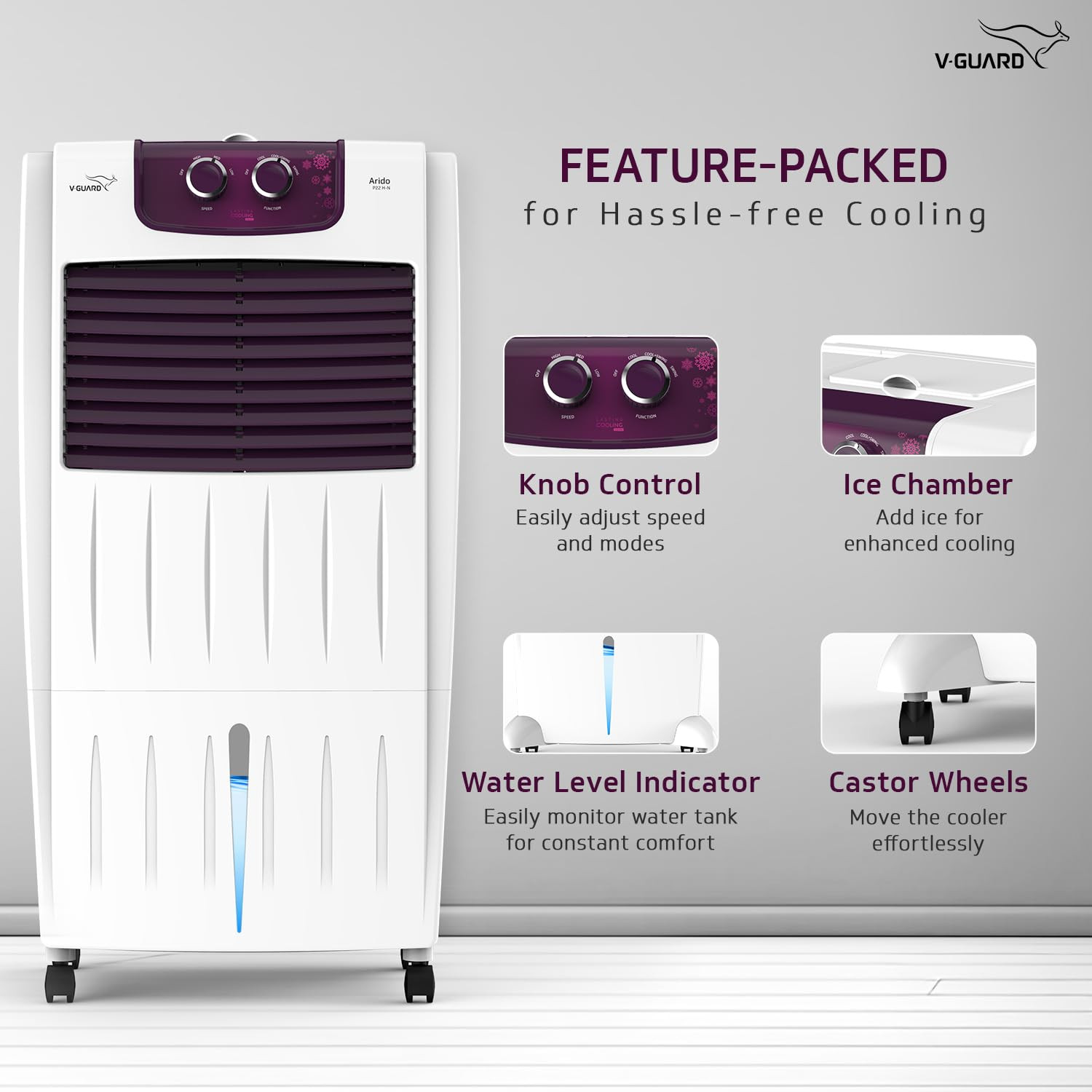 V-Guard Arido P22H-N Personal Air Cooler for Home Mosquito Dust Filter 2 Year Warranty 22 L White Purple burry