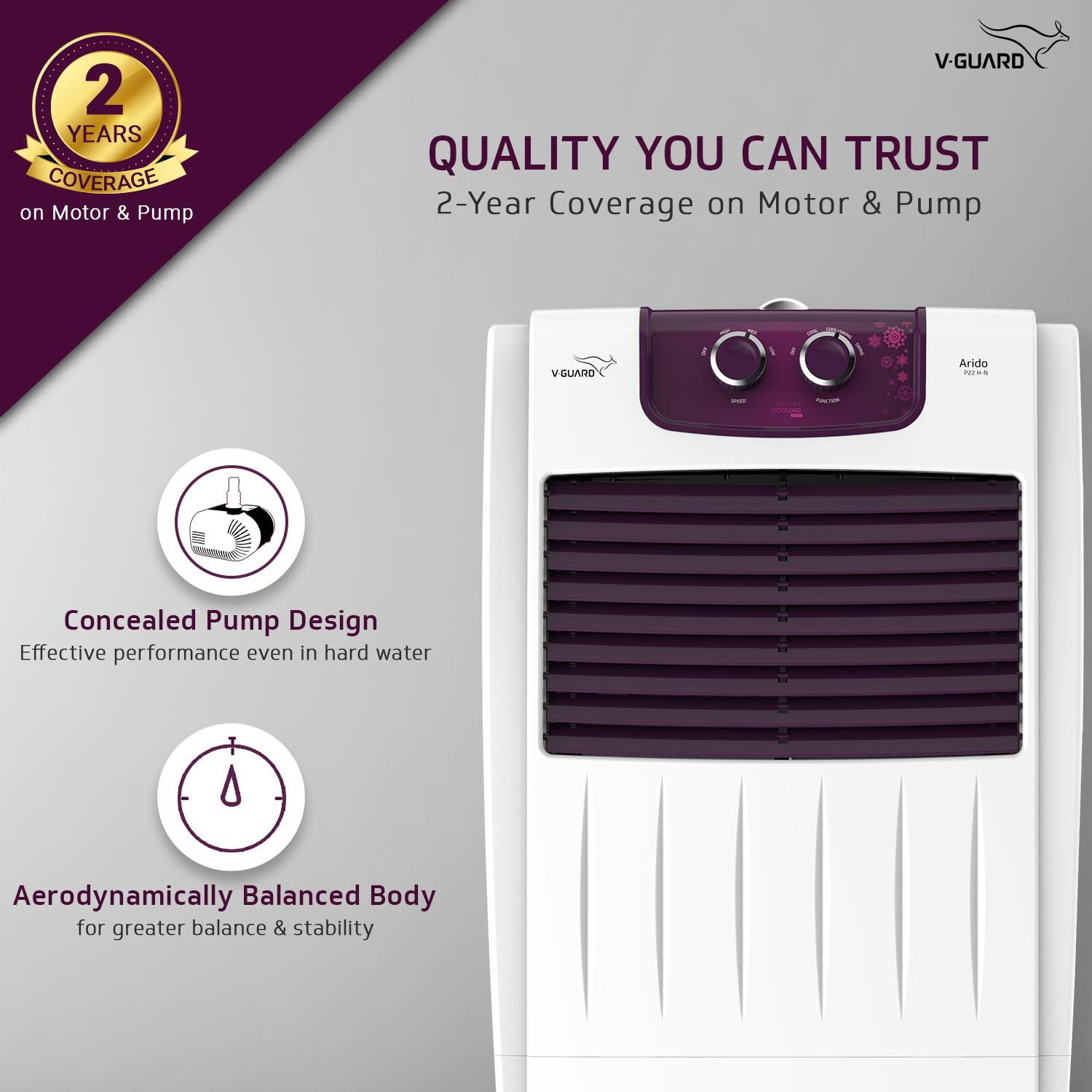 V-Guard Arido P22H-N Personal Air Cooler for Home Mosquito Dust Filter 2 Year Warranty 22 L White Purple burry