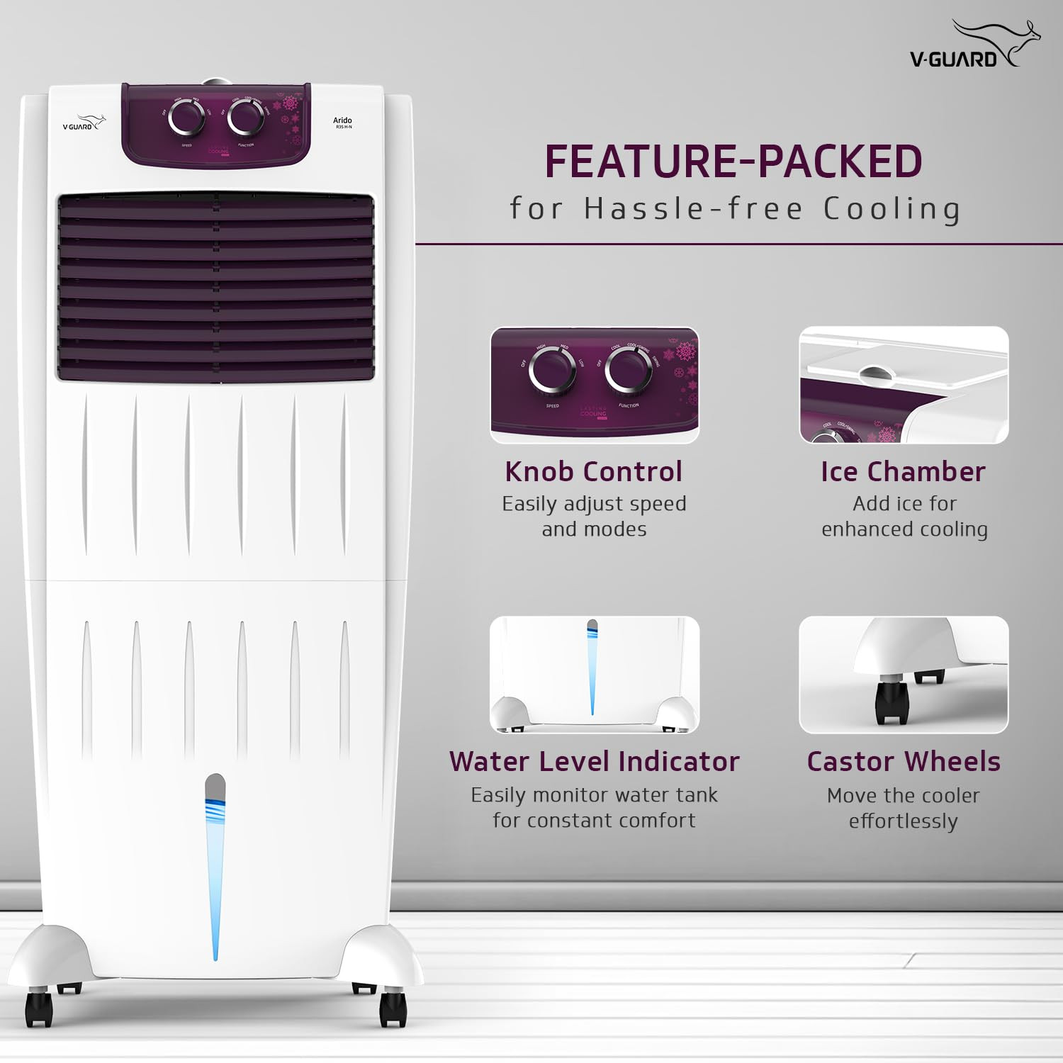 V-Guard Arido R35H-N Room Air Cooler for Home Mosquito Dust Filter 2 Year Warranty 35 L White Purple burry