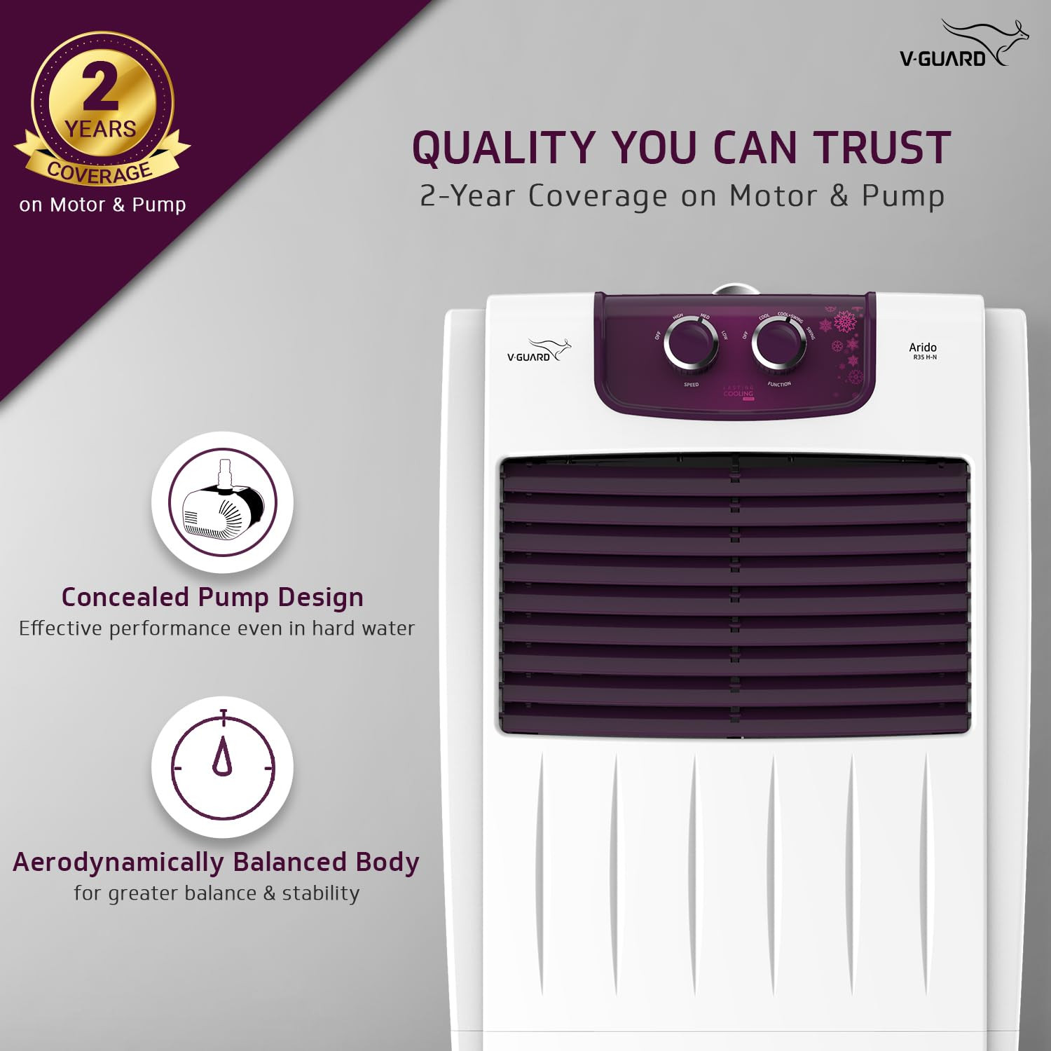 V-Guard Arido R35H-N Room Air Cooler for Home Mosquito Dust Filter 2 Year Warranty 35 L White Purple burry