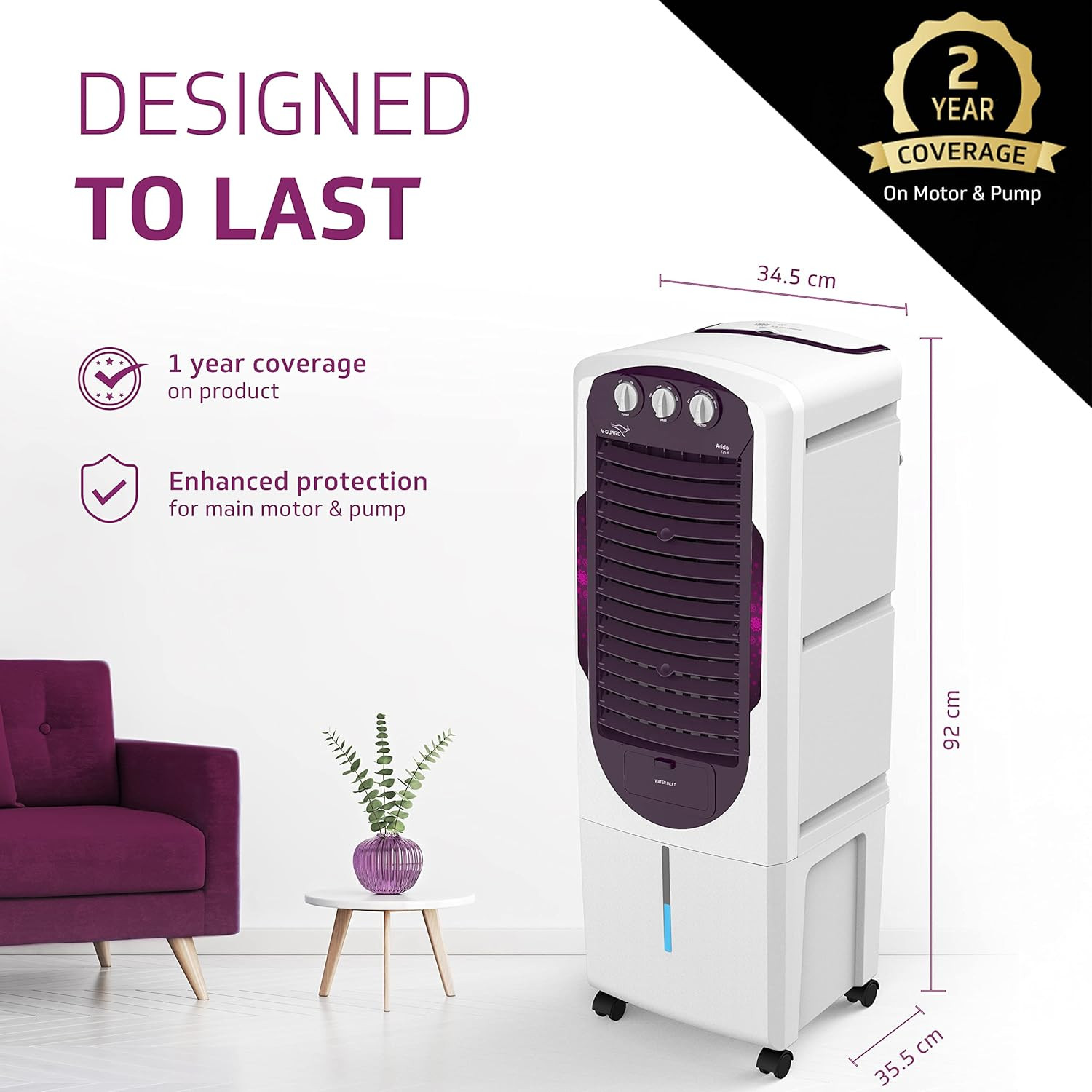V-Guard Arido T25 H Air Cooler 25 Litre Air Delivery- 1300 M3H Two Years ManufacturerS Warranty On Motor Pump White