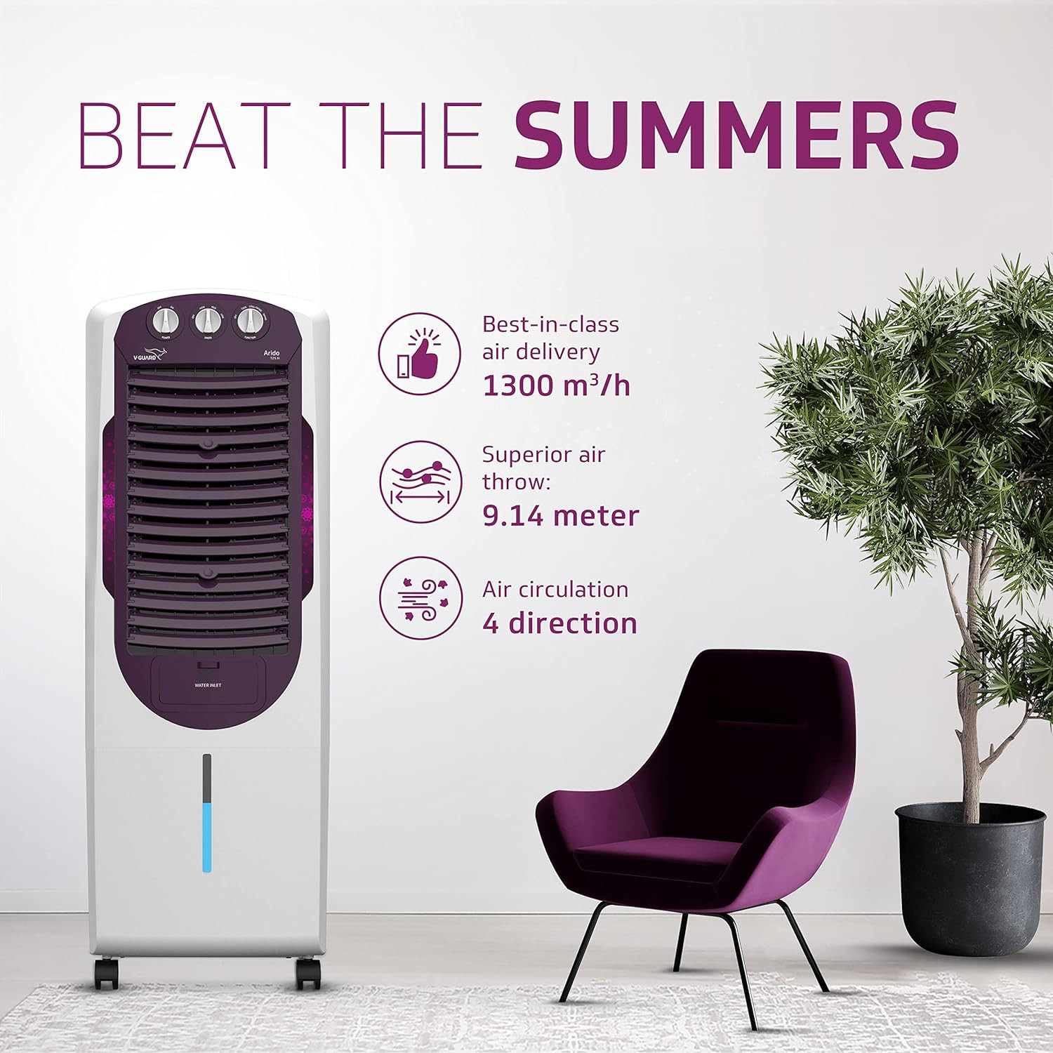 V-Guard Arido T25 H Air Cooler 25 Litre Air Delivery- 1300 M3H Two Years ManufacturerS Warranty On Motor Pump White