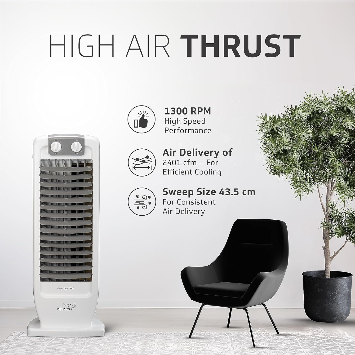 V-Guard Veemagik Neo 17 435cm Tower Fan 1300 RPM 2401 CFM Air Flow Grey White