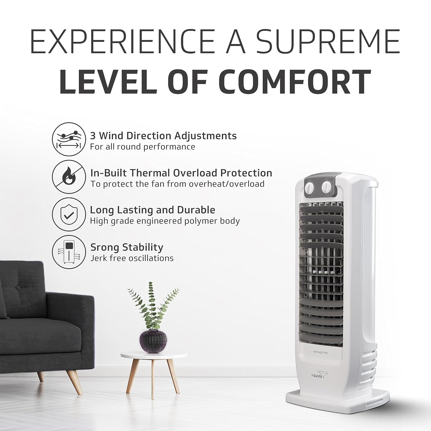 V-Guard Veemagik Neo 17 435cm Tower Fan 1300 RPM 2401 CFM Air Flow Grey White