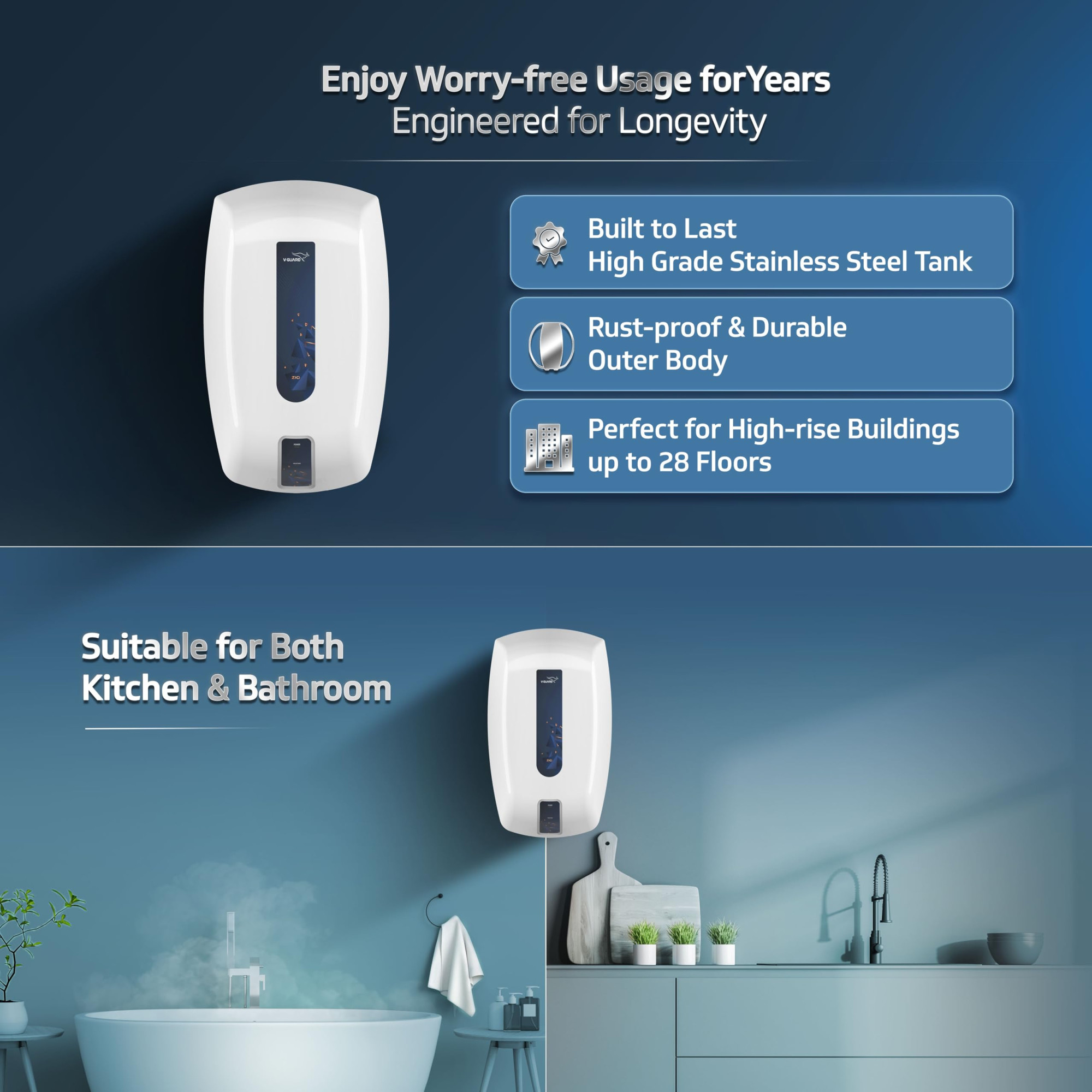 V-Guard Zio Geyser 5 Litre Instant Water Heater  Advanced Multi-Layered Safety  3000 W Powerful Heating  Suitable For Kitchen  Bathroom  5 Year Inner Tank Warranty by V-Guard  White-Blue