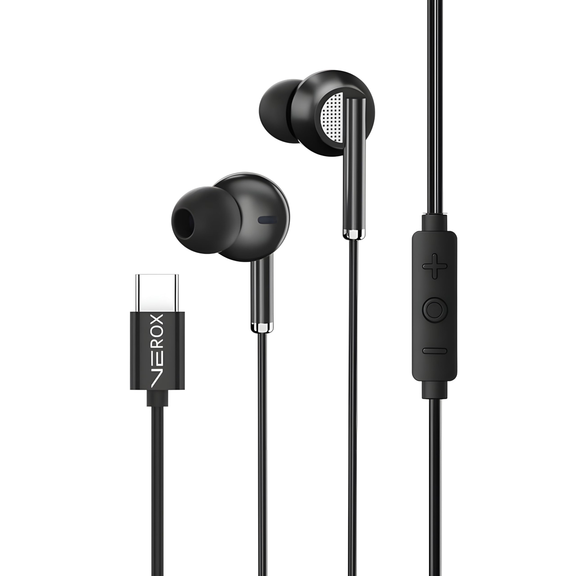 VEROX Type C Wired Earphone 142mm Copper Bass Driver with Inline Control HD Mic and Volume Control Tangle-Free Cable Compatible with Type-C Devices- Black