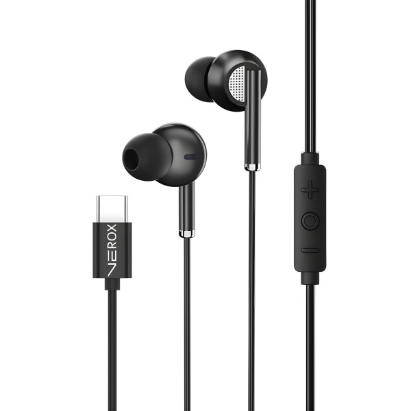 Image of VEROX Type C Wired Earphone 14.2mm Copper Bass Driver with Inline Control HD Mic and Volume Control Tangle-Free Cable Compatible with Type-C Devices- Black