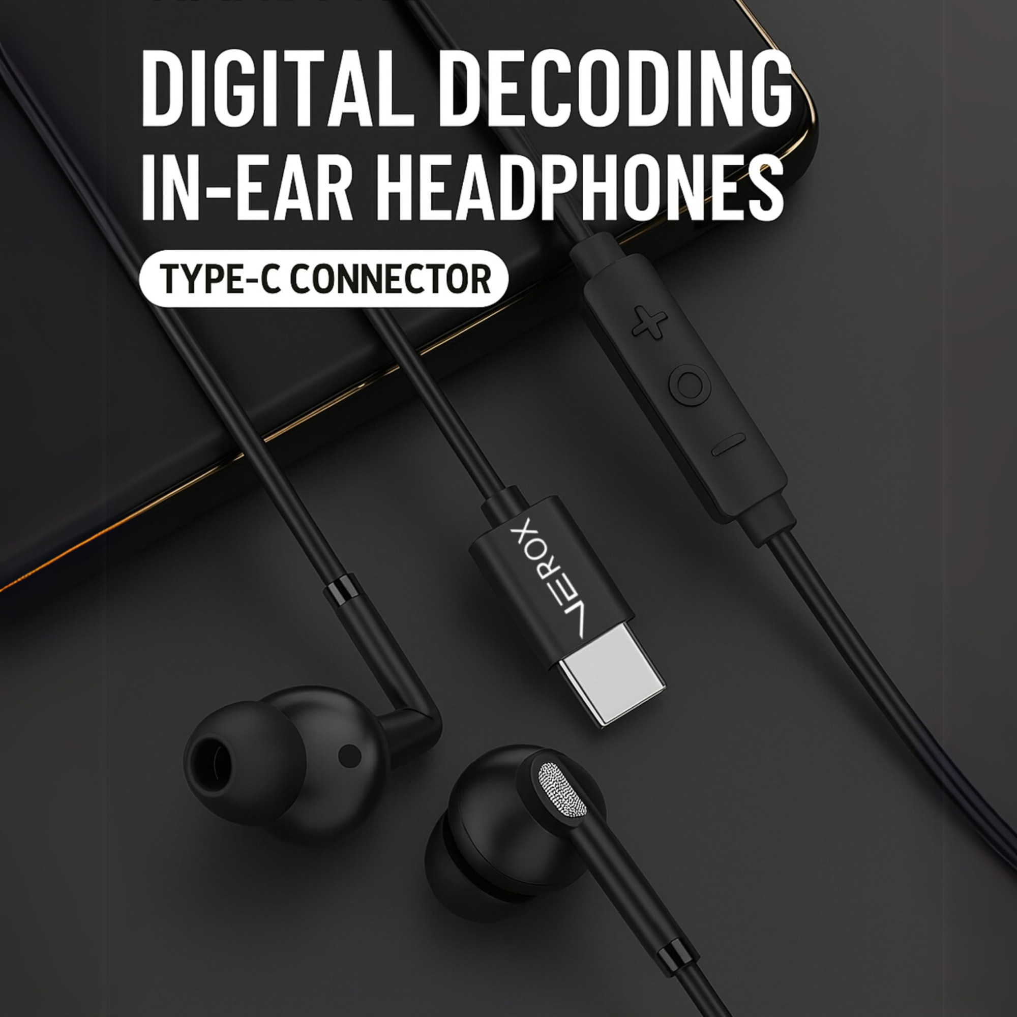 VEROX Type C Wired Earphone 142mm Copper Bass Driver with Inline Control HD Mic and Volume Control Tangle-Free Cable Compatible with Type-C Devices- Black