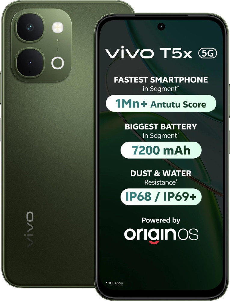Image of vivo T5X 5G (Cyber Green, 8GB RAM, 128GB Storage) | 7200mAh Battery | 50MP Dual Camera | 32MP Selfie Camera | 6.76" FHD+ 120Hz Display | Dimensity 7400 Turbo Processor