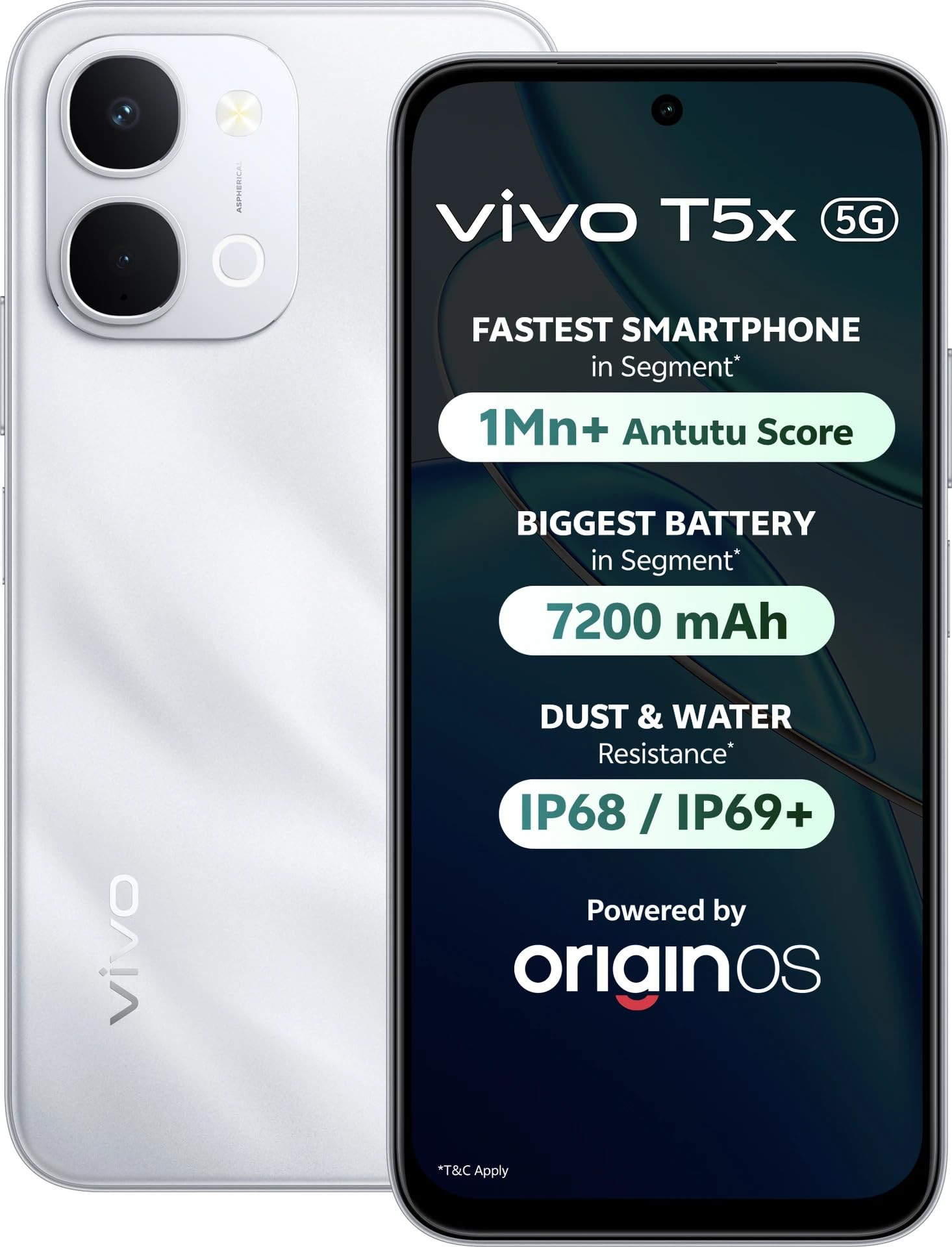 vivo T5X 5G Star Silver 6GB RAM 128GB Storage  7200mAh Battery  50MP Dual Camera  32MP Selfie Camera  676 HD Display  Dimensity 7400-Turbo Processor