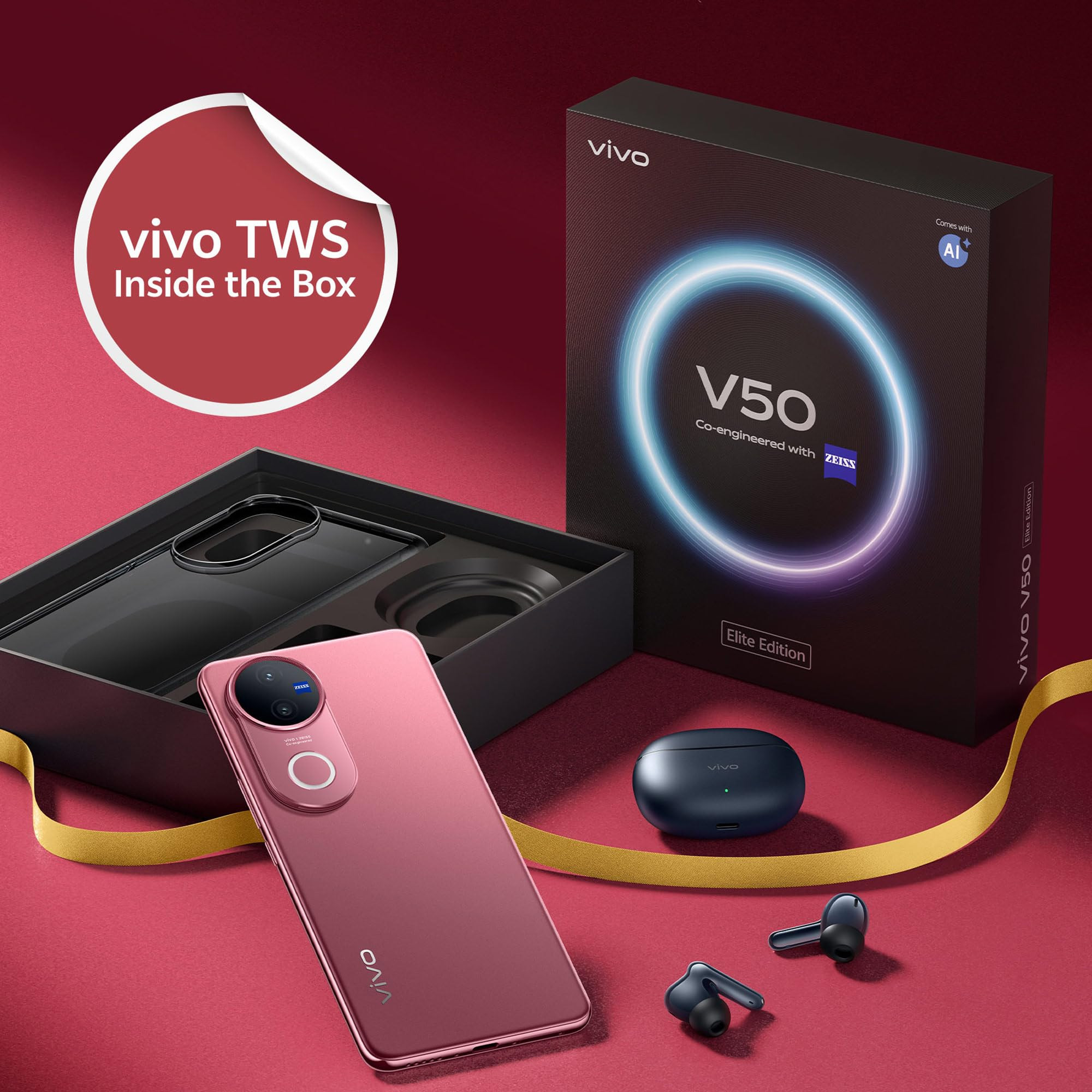 VIVO V50 5G Elite Edition Rose Red 12GB RAM 512GB Storage TWS 3e Buds up-to 30dB ANC Inside The Boxwith No Cost EMIAdditional Exchange Offers