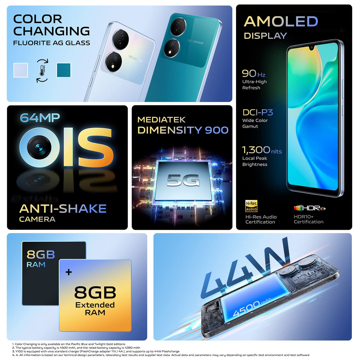 Vivo Y100 5G Pacific Blue 8GB RAM 128GB Storage with No Cost EMIAdditional Exchange Offers