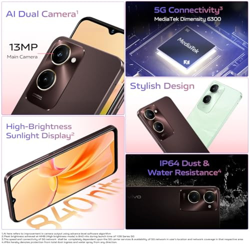 Vivo Y28e 5G Vintage Red 4GB RAM 64GB Storage with No Cost EMIAdditional Exchange Offers with Charger