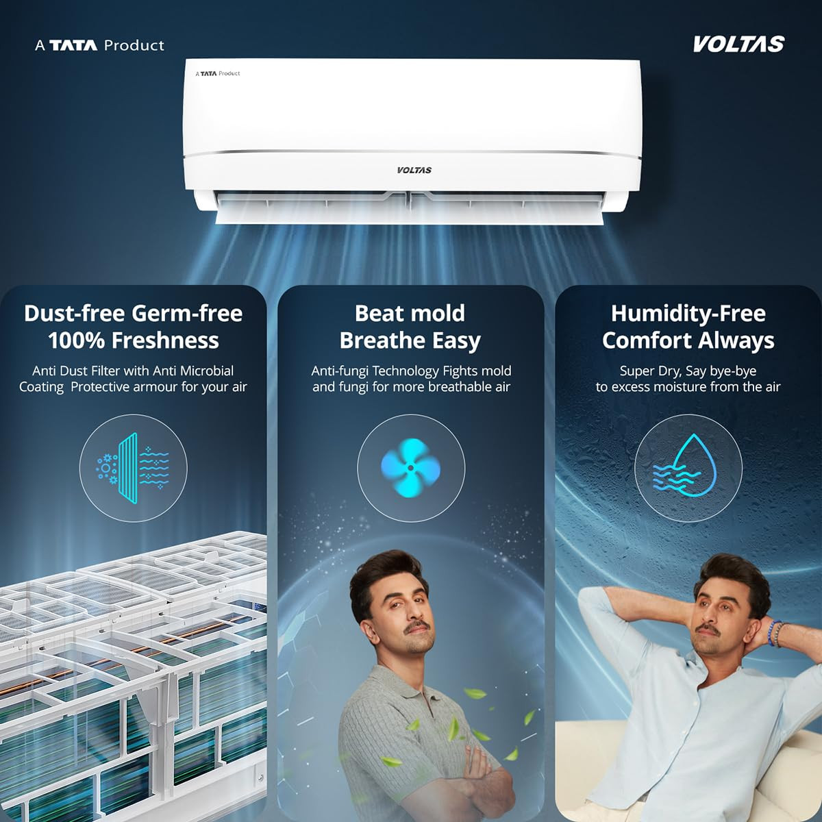 Voltas 15 ton 3 starNew star rated Rating Inverter Split AC Copper Convertible 5-in-1 Cooling Mode 2-Way Air Swing Anti-dust Filter with Anti Microbial Coating Auto Clean 183INV CAV White