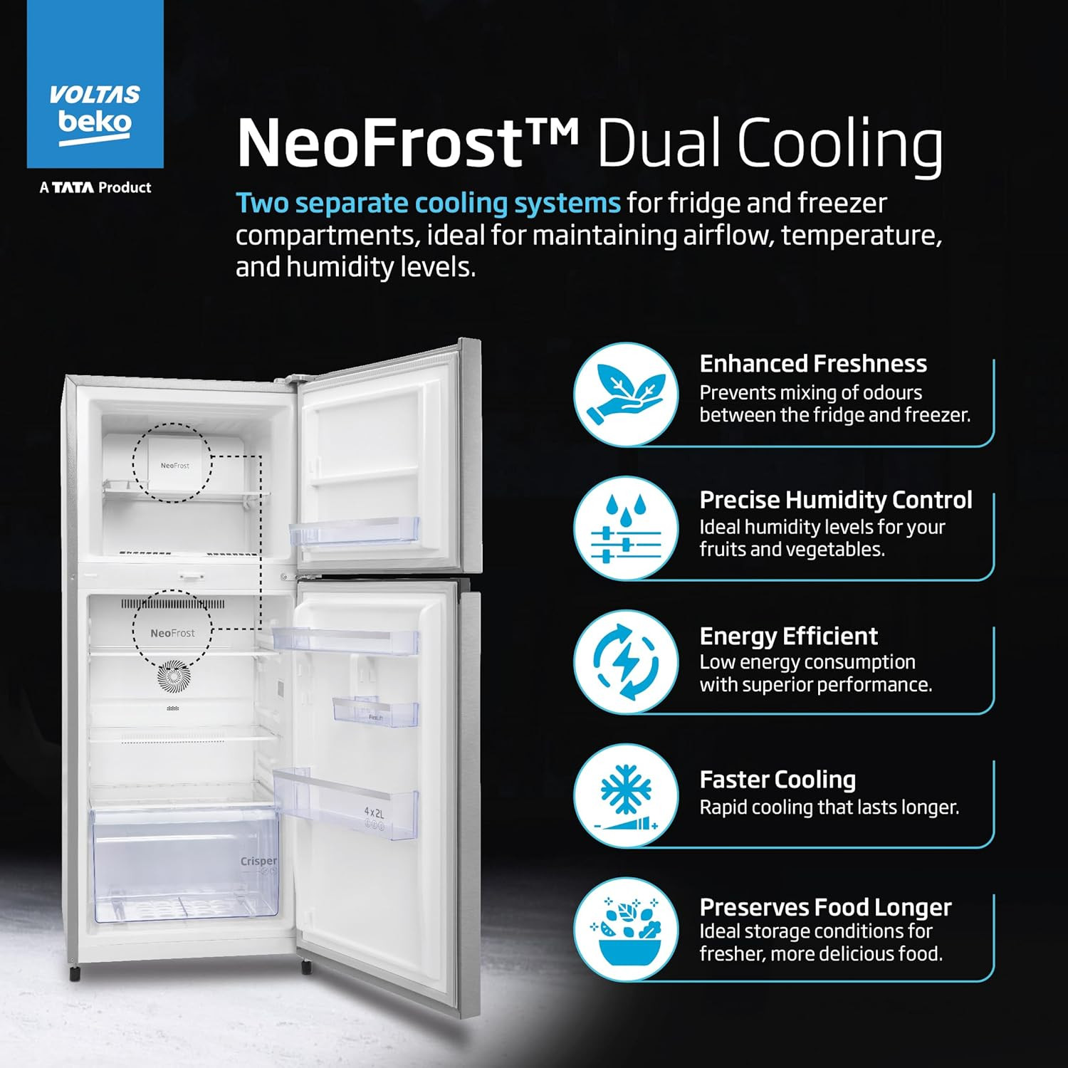 Voltas Beko 470 L 2 Star Inverter Frost-Free Double Door Refrigerator Store Fresh Neo FrostTM Dual CoolingRFF493IF Silver 2022 Model
