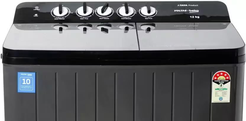 Voltas Beko A Tata Product 12 Kg 5 Star Semi-Automatic Top Loading Washing Machine WTT120UPABKSSDG5GTDA Black Pulsator Wash Method