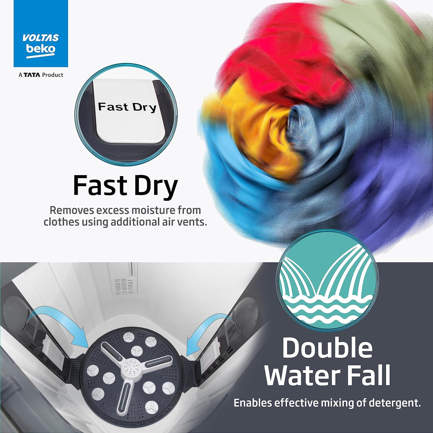 Voltas Beko A Tata Product 14 Kg 5 Star Semi-Automatic Top Load Washing Machine WTT140UPAGR5KPTD Grey Special pulsator and Double waterfall Technology