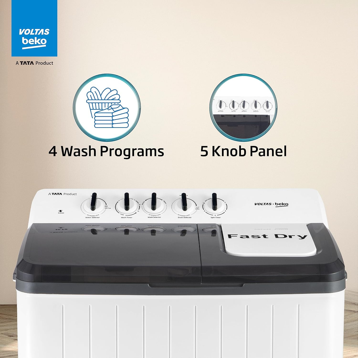 Voltas Beko A Tata Product 14 Kg 5 Star Semi-Automatic Top Load Washing Machine WTT140UPAGR5KPTD Grey Special pulsator and Double waterfall Technology
