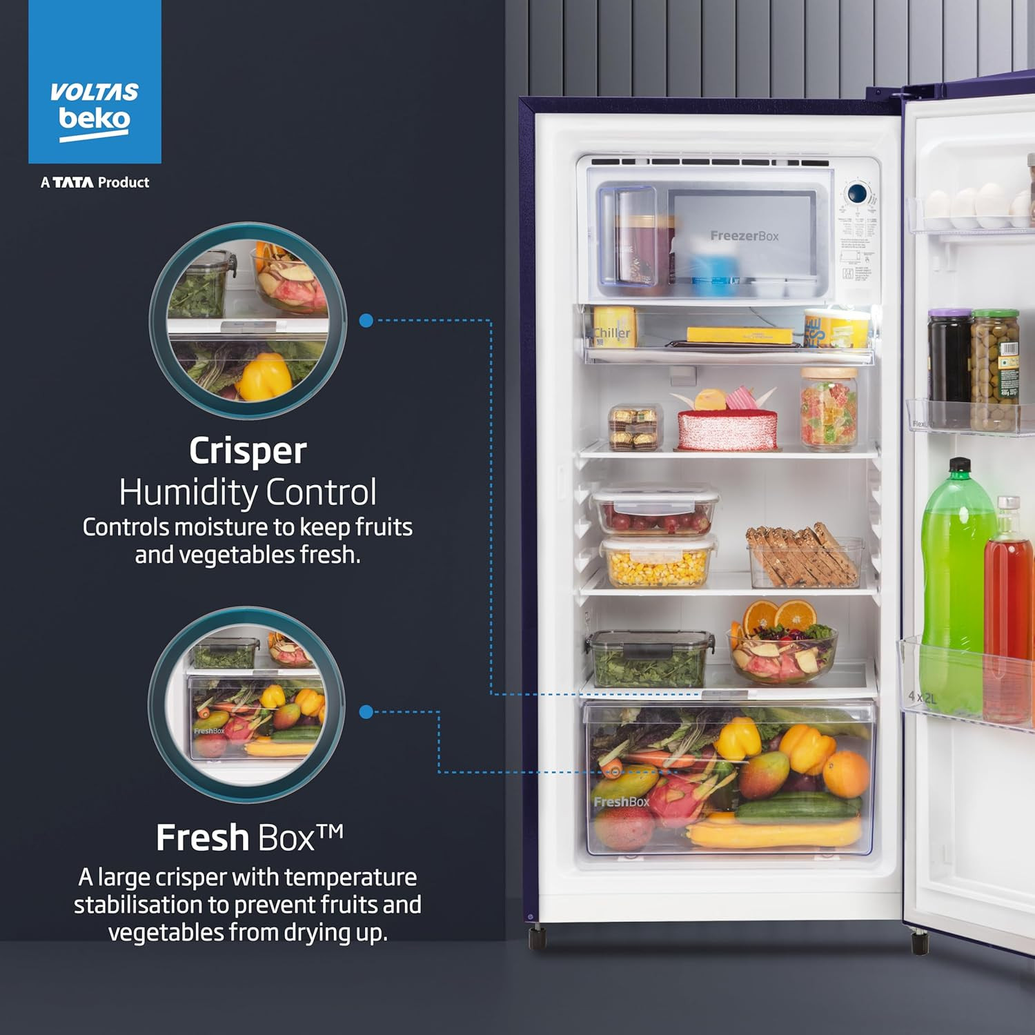 Voltas Beko A TATA Product 173 L 3 star Made-In-India Direct Cool Refrigerator RDC205C S0PBE0M0000GO Peony Blue