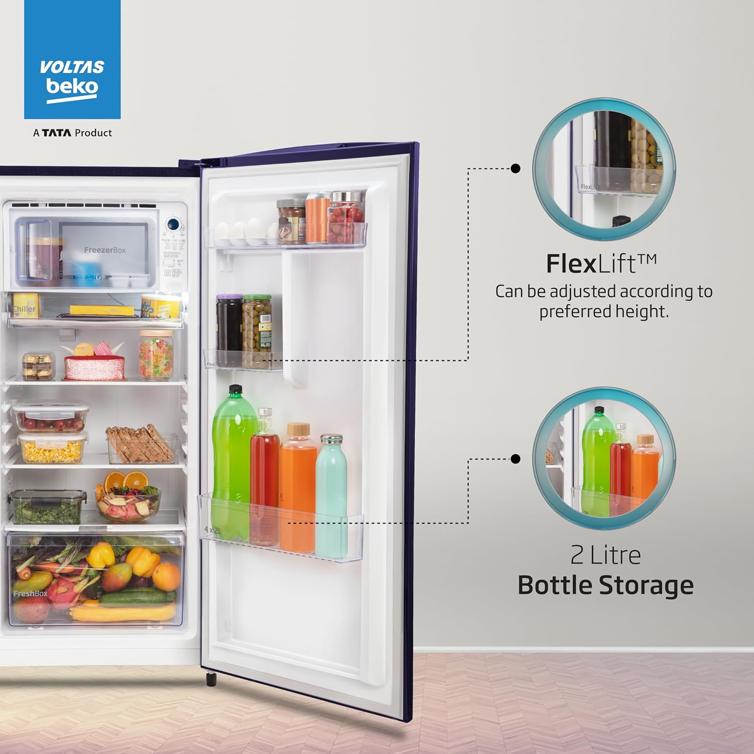 Voltas Beko A TATA Product 173 L 3 star Made-In-India Direct Cool Refrigerator RDC205C S0PBE0M0000GO Peony Blue