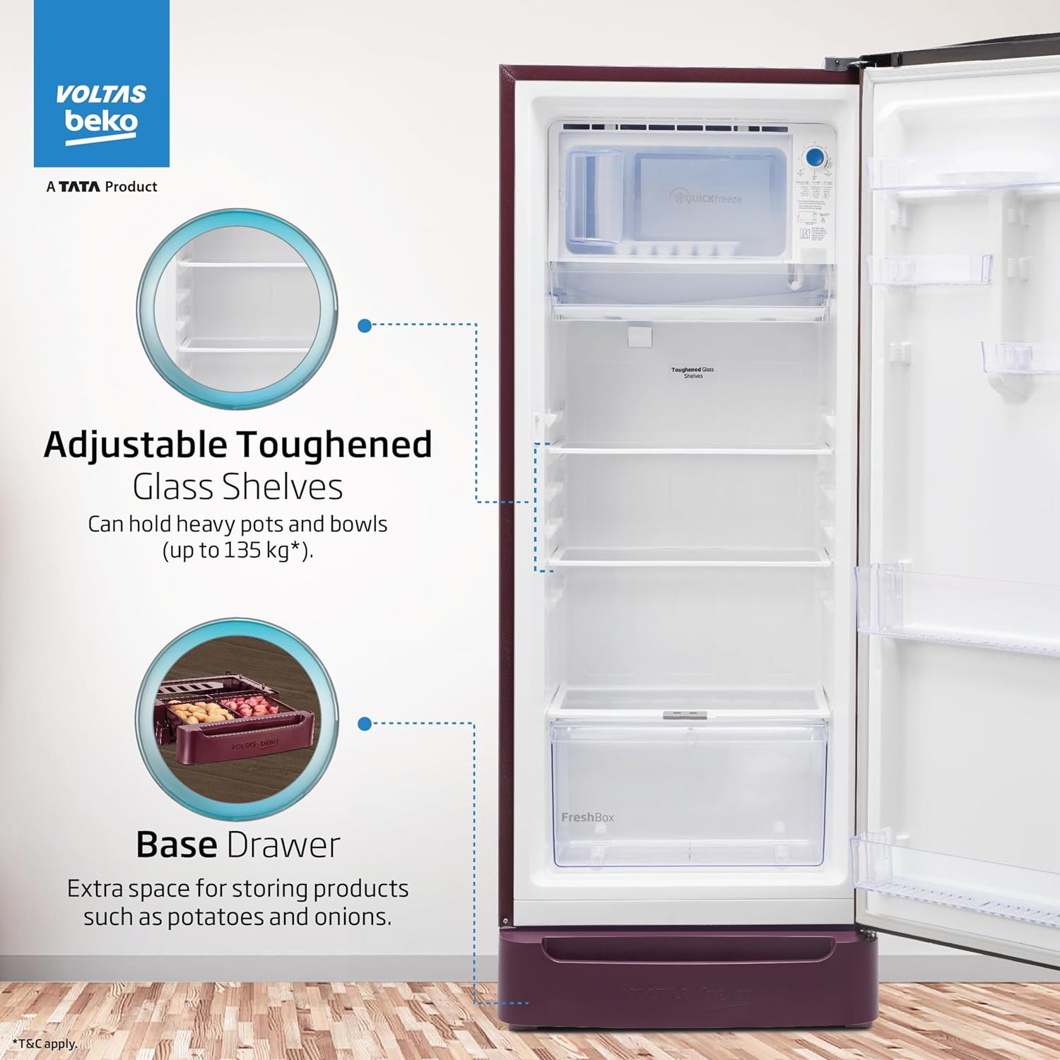 Voltas Beko A Tata Product 183 L 5 Star Direct Cool Single Door Refrigerator 2023 Model RDC215A W0VWR0M0B00GO Vivi Wine Base Drawer