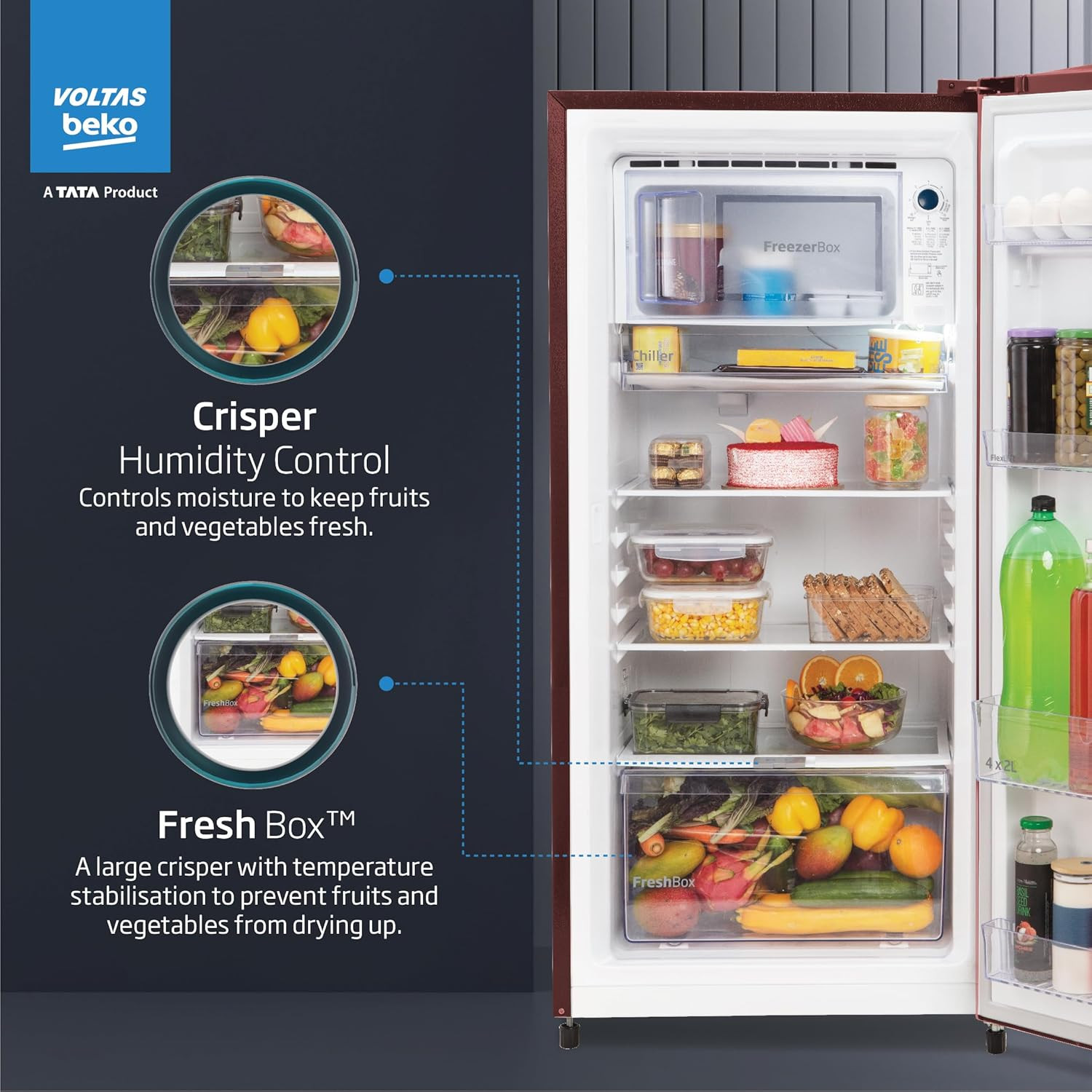 Voltas Beko A Tata Product 210 L 3 star Made-in-India Direct cool Refrigerator RDC245C W0DWE0M000UGD Dahlia Wine