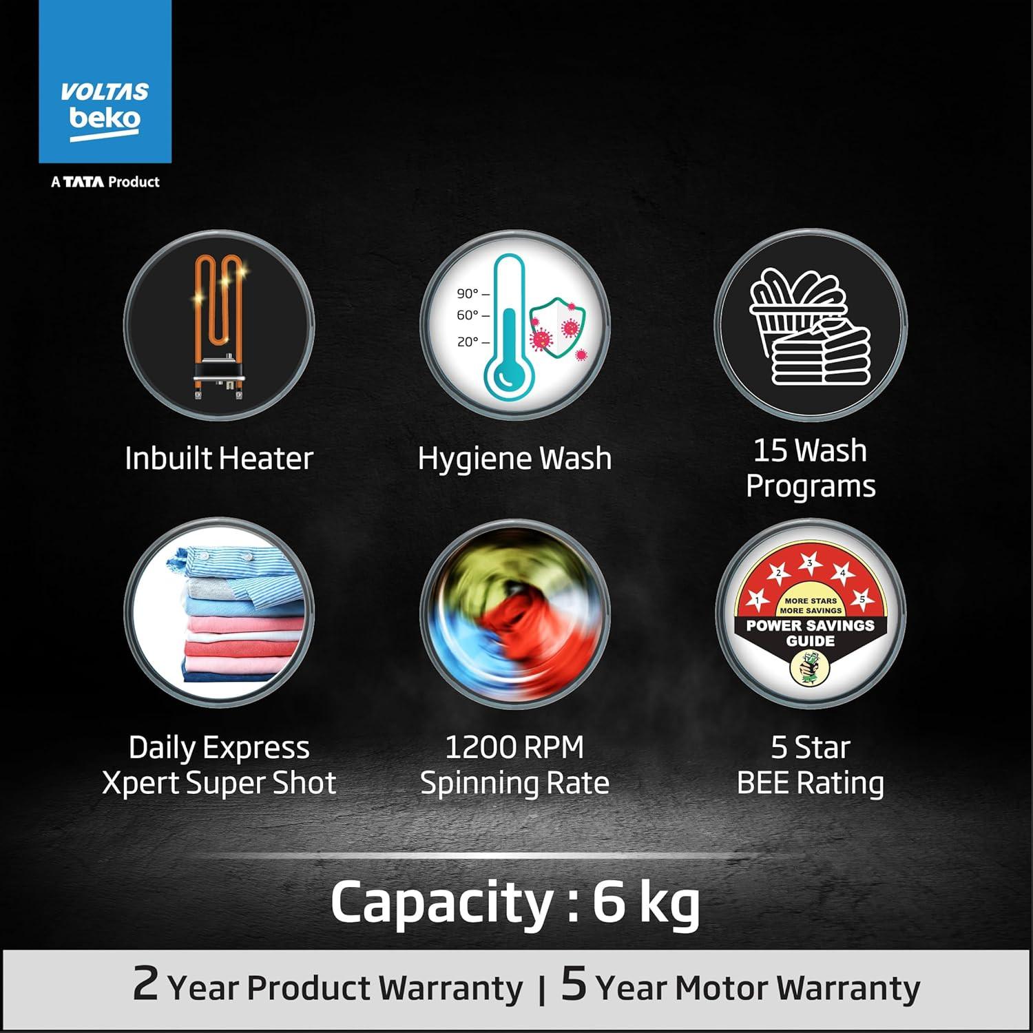 Voltas Beko A Tata Product 6 Kg 5 Star Fully Automatic Front Loading Washing Machine 2023 Model WFL6012B7CUSKAWXV White In-Built Heater