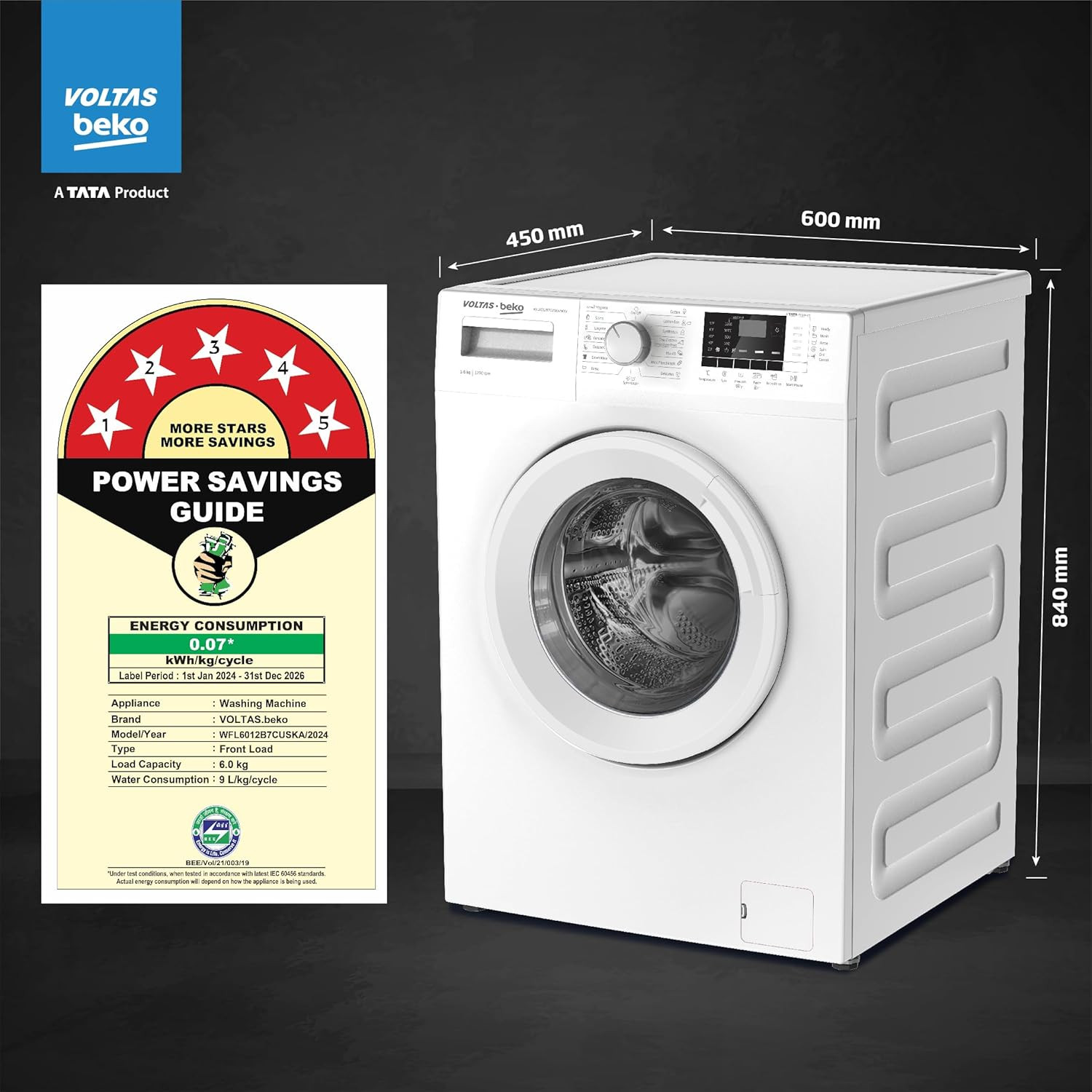 Voltas Beko A Tata Product 6 Kg 5 Star Fully Automatic Front Loading Washing Machine 2023 Model WFL6012B7CUSKAWXV White In-Built Heater