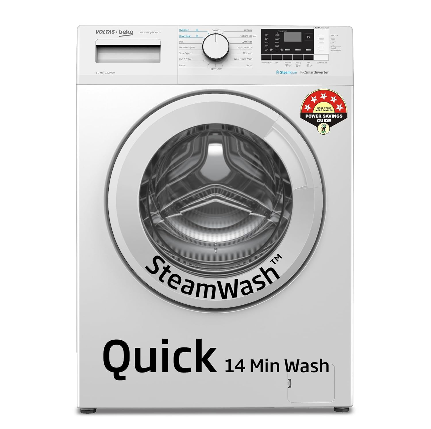 Voltas Beko A Tata Product 7 Kg 5 Star Inverter Quick 14-Min Wash Fully Automatic Front Load Washing Machine WFL7012B7JVBKAWXV White Inbuilt HeaterHygiene SteamDigital Display