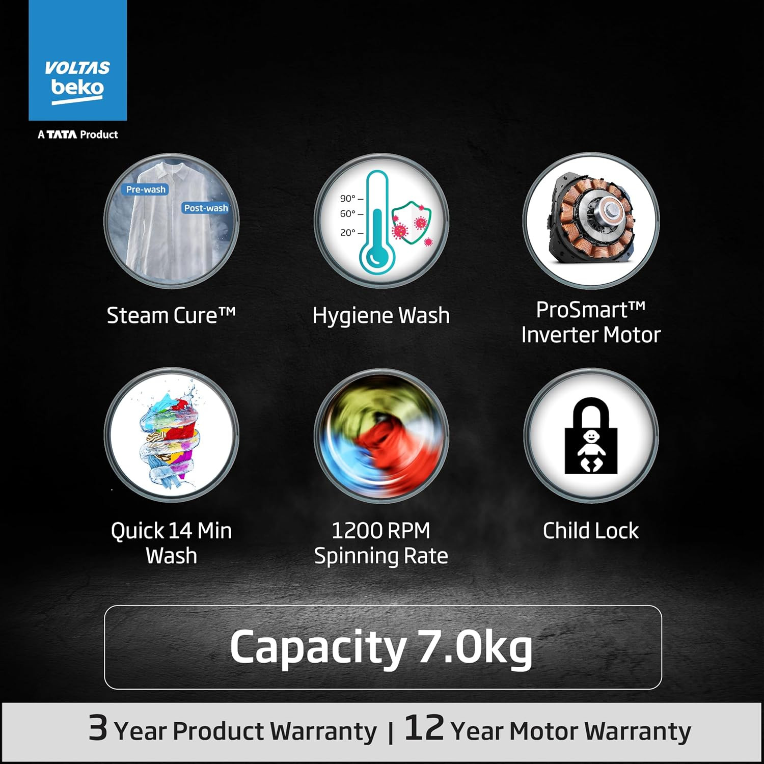 Voltas Beko A Tata Product 7 Kg 5 Star Inverter Quick 14-Min Wash Fully Automatic Front Load Washing Machine WFL7012B7JVBKAWXV White Inbuilt HeaterHygiene SteamDigital Display