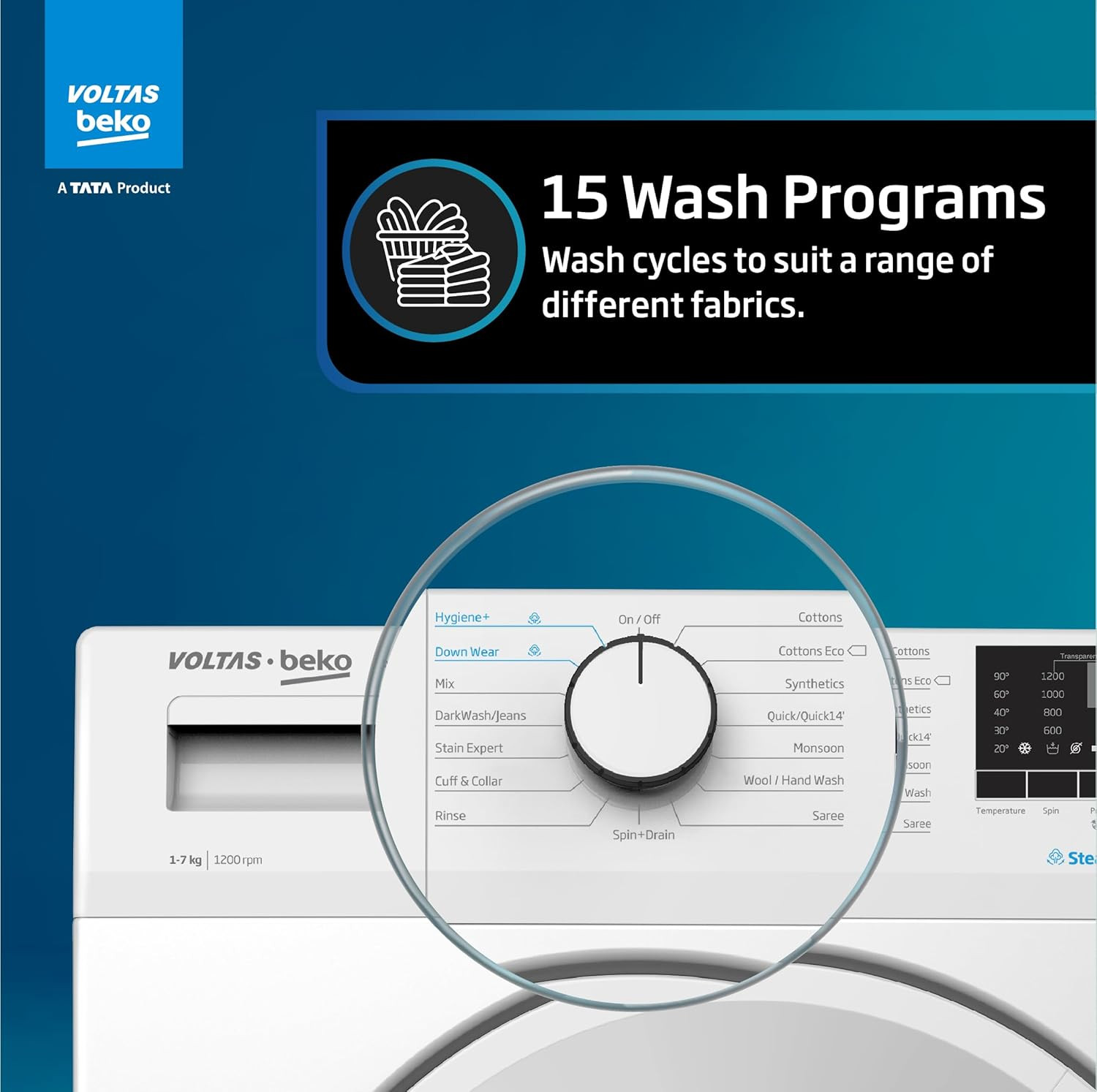 Voltas Beko A Tata Product 7 Kg 5 Star Inverter Quick 14-Min Wash Fully Automatic Front Load Washing Machine WFL7012B7JVBKAWXV White Inbuilt HeaterHygiene SteamDigital Display