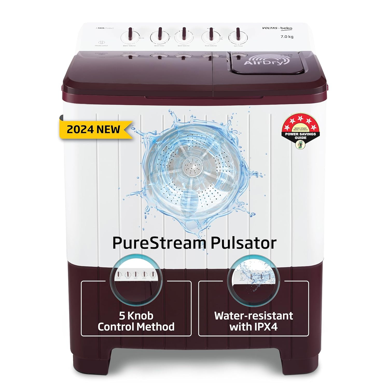 Voltas Beko A Tata Product 7 Kg 5 Star Semi-automatic Top Load Washing Machine with PureStream Pulsator Wash Technology WTT70UHAOK5R0R0W01 Burgundy 5 Knob Control Method