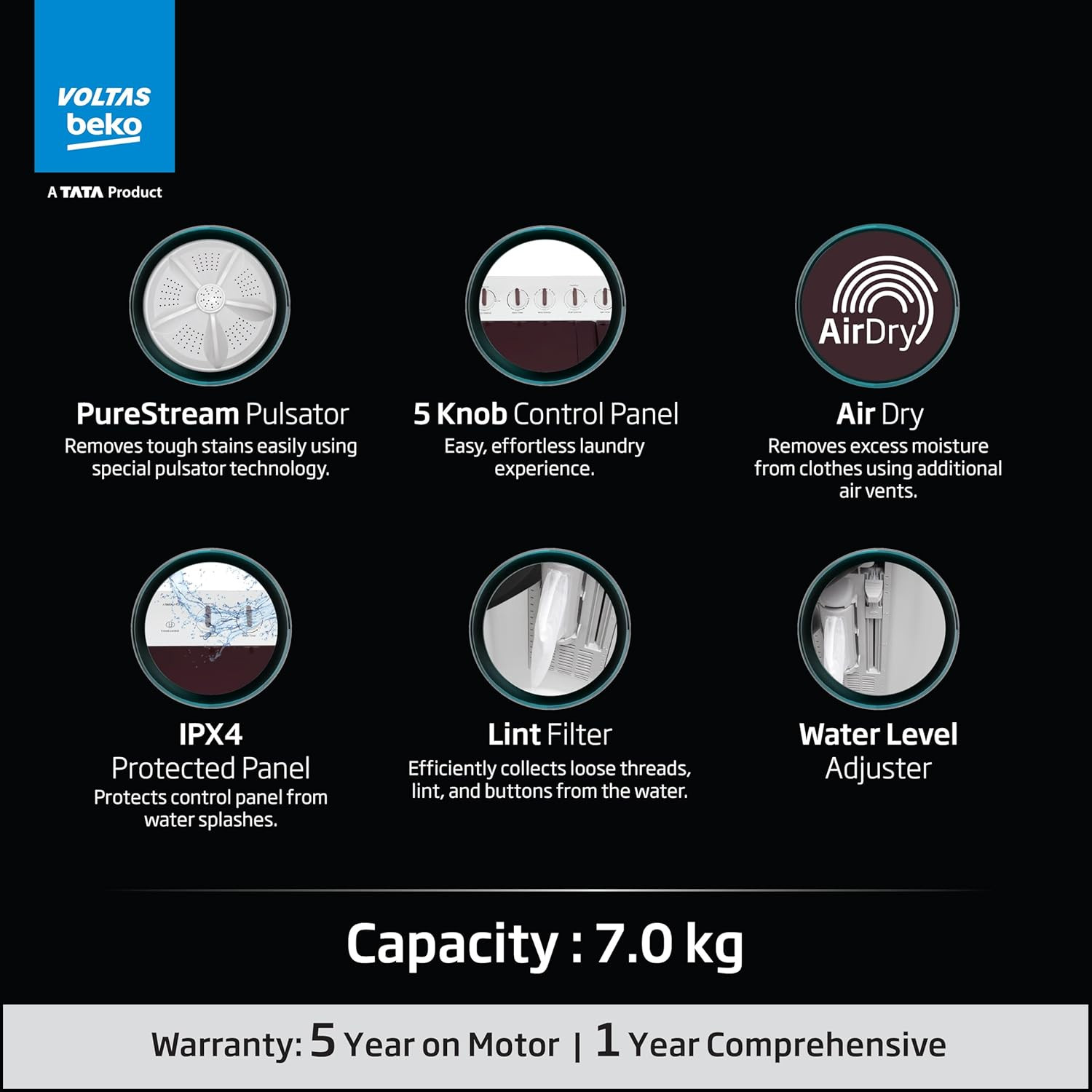 Voltas Beko A Tata Product 7 Kg 5 Star Semi-automatic Top Load Washing Machine with PureStream Pulsator Wash Technology WTT70UHAOK5R0R0W01 Burgundy 5 Knob Control Method