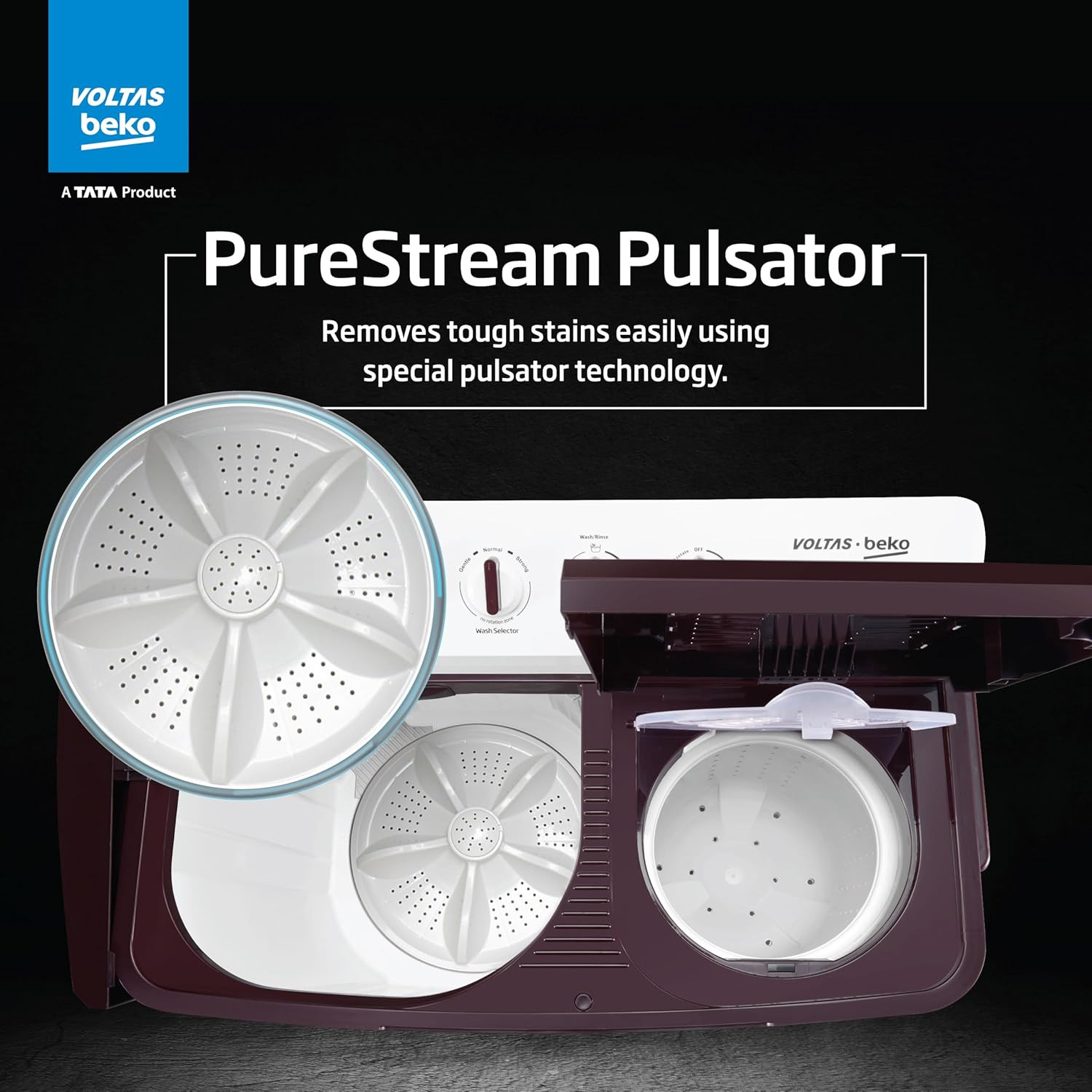 Voltas Beko A Tata Product 7 Kg 5 Star Semi-automatic Top Load Washing Machine with PureStream Pulsator Wash Technology WTT70UHAOK5R0R0W01 Burgundy 5 Knob Control Method