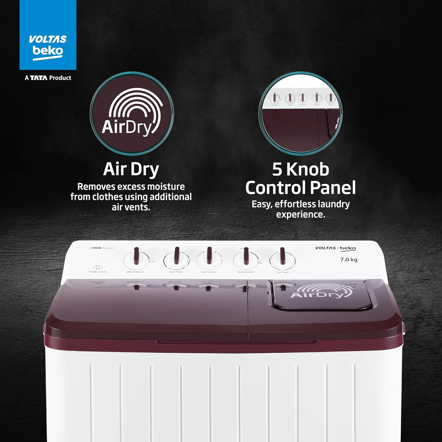 Voltas Beko A Tata Product 7 Kg 5 Star Semi-automatic Top Load Washing Machine with PureStream Pulsator Wash Technology WTT70UHAOK5R0R0W01 Burgundy 5 Knob Control Method