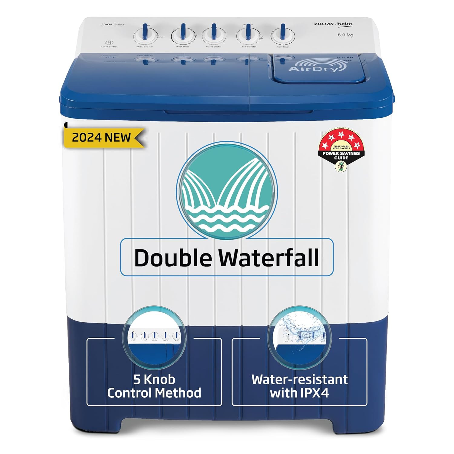 Voltas Beko A Tata Product 8 Kg 5 Star Semi-automatic Top Load Washing Machine with Double Waterfall Technology WTT80UHAOK5I0I0W01 Blue 5 Knob Control Method