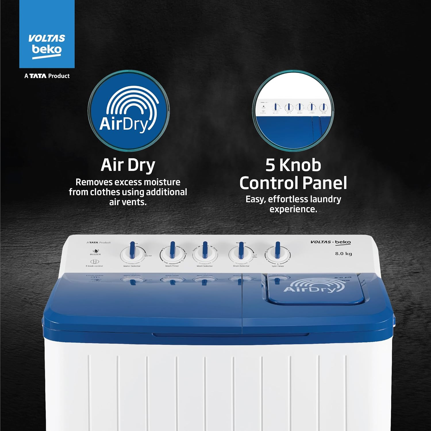 Voltas Beko A Tata Product 8 Kg 5 Star Semi-automatic Top Load Washing Machine with Double Waterfall Technology WTT80UHAOK5I0I0W01 Blue 5 Knob Control Method