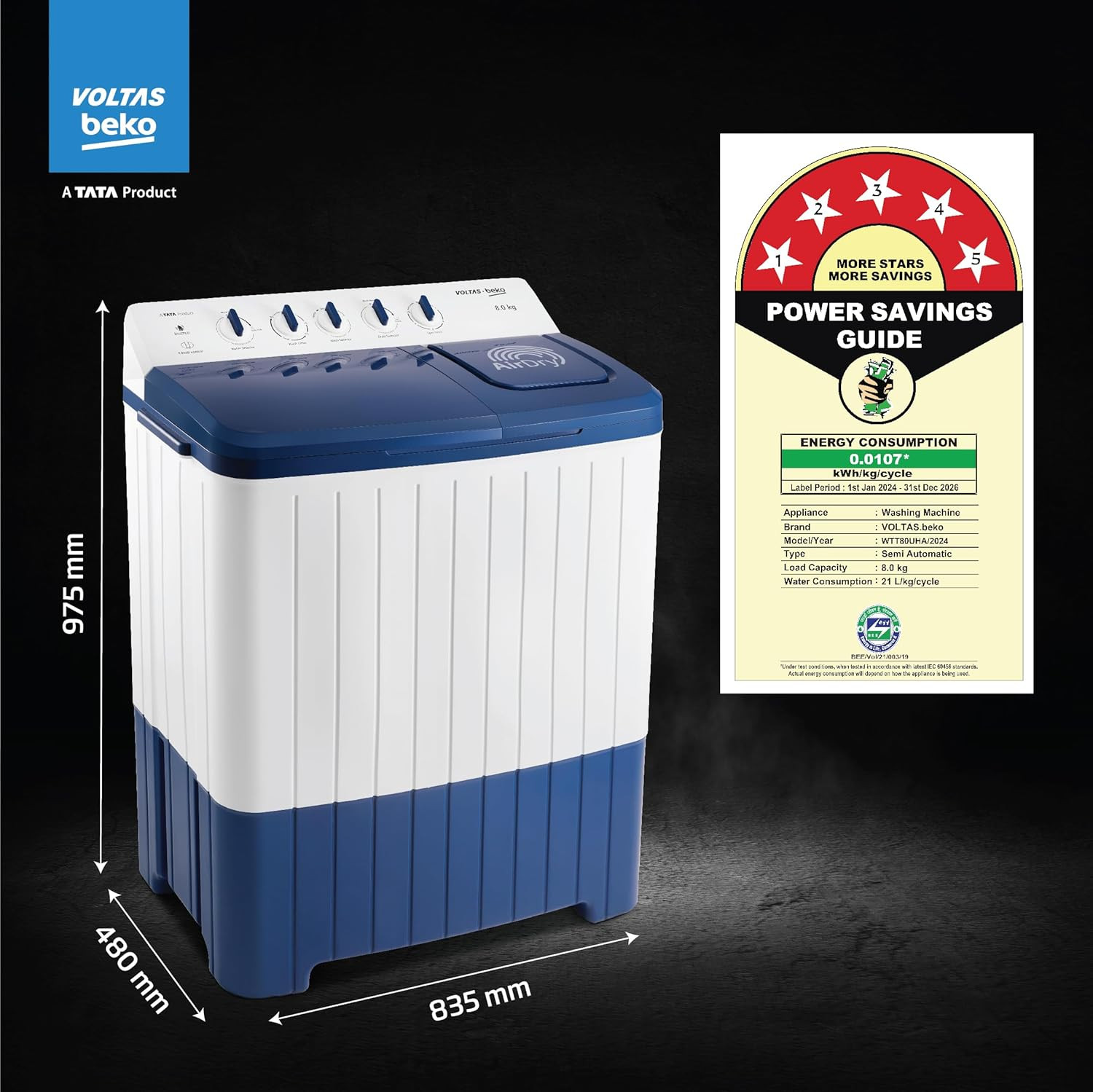 Voltas Beko A Tata Product 8 Kg 5 Star Semi-automatic Top Load Washing Machine with Double Waterfall Technology WTT80UHAOK5I0I0W01 Blue 5 Knob Control Method