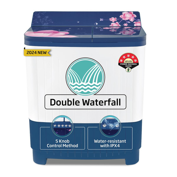 Image of Voltas beko, A Tata Product 8.5 kg 5 Star Semi-Automatic Top Load Washing Machine With Double Water Fall technology (WTT85DBLG/FLRB5, Blue, Special Pulsator &amp; 5 Knob Control Method)