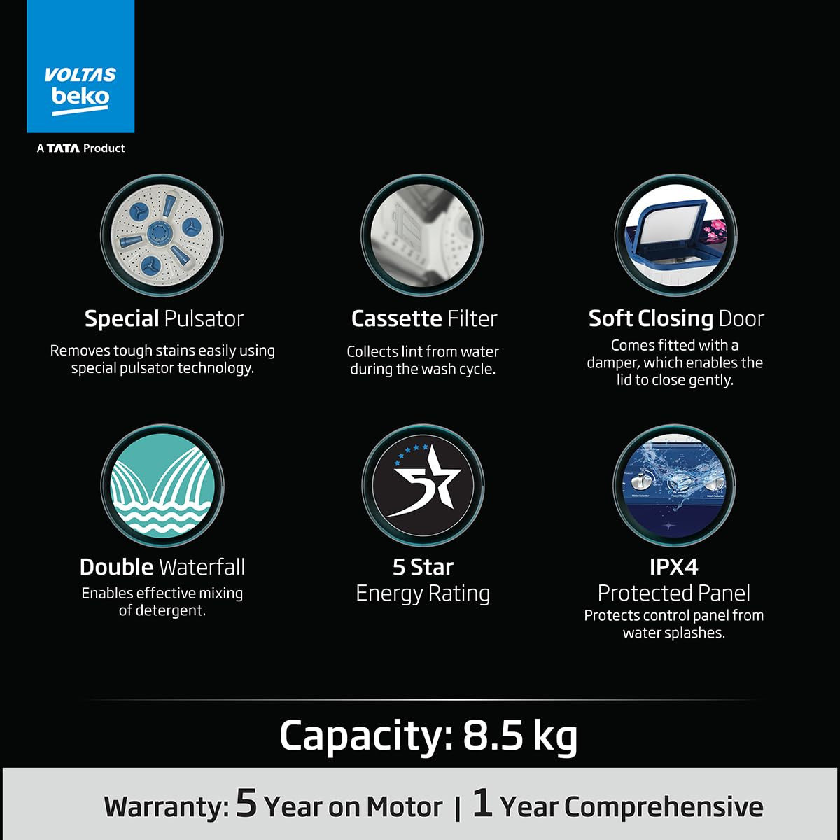 Voltas beko A Tata Product 85 kg 5 Star Semi-Automatic Top Load Washing Machine With Double Water Fall technology WTT85DBLGFLRB5 Blue Special Pulsator 5 Knob Control Method