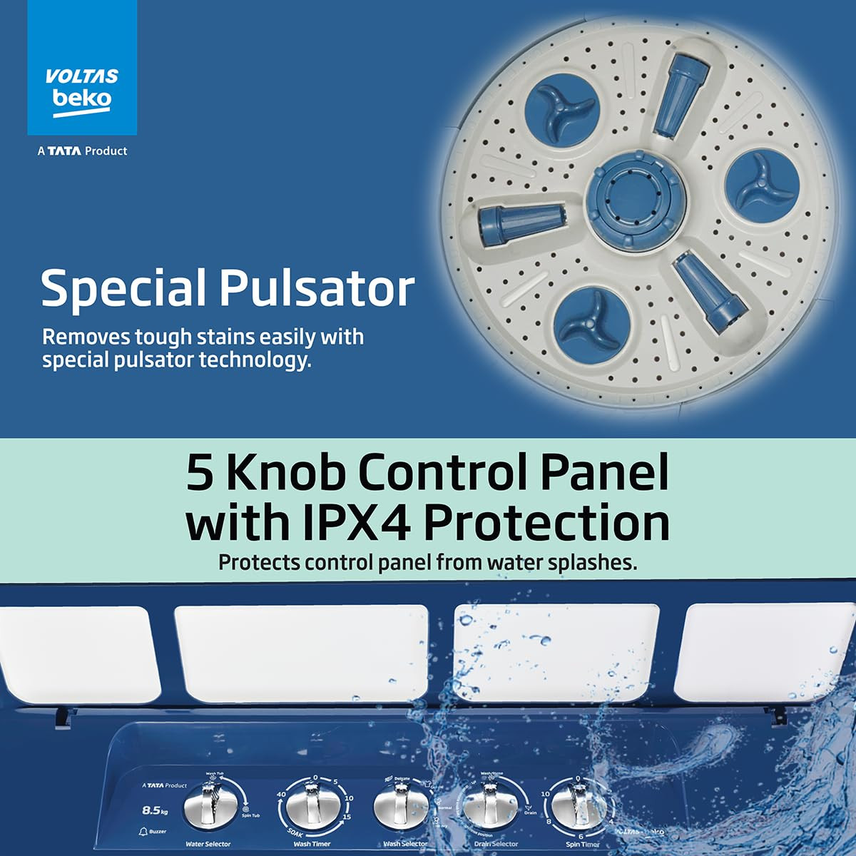 Voltas beko A Tata Product 85 kg 5 Star Semi-Automatic Top Load Washing Machine With Double Water Fall technology WTT85DBLGFLRB5 Blue Special Pulsator 5 Knob Control Method