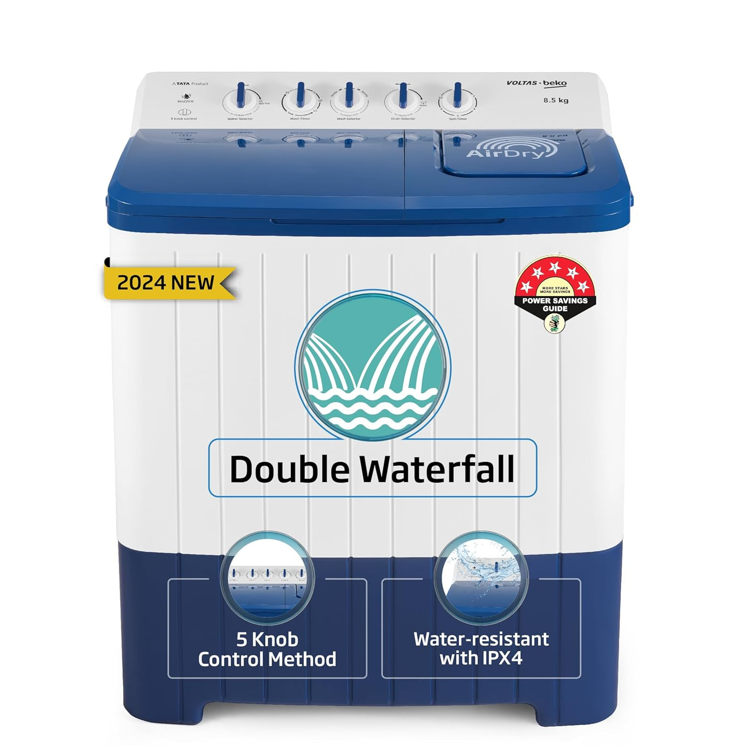 Voltas Beko A Tata Product 85 Kg 5 Star Semi-Automatic Top Loading Washing Machine WTT85UHAOK5I0I0W01 Blue Air Dry Pulsator wash technology