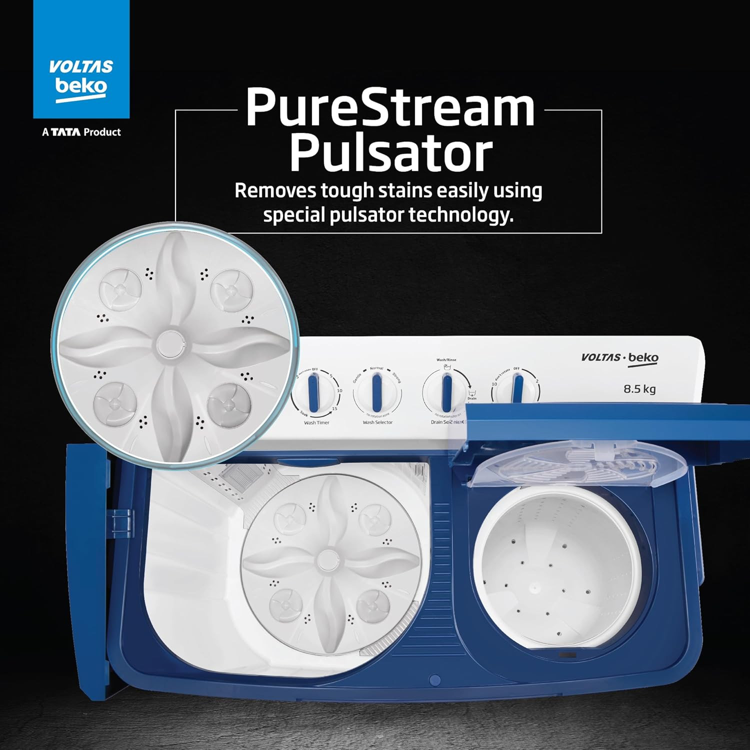 Voltas Beko A Tata Product 85 Kg 5 Star Semi-Automatic Top Loading Washing Machine WTT85UHAOK5I0I0W01 Blue Air Dry Pulsator wash technology