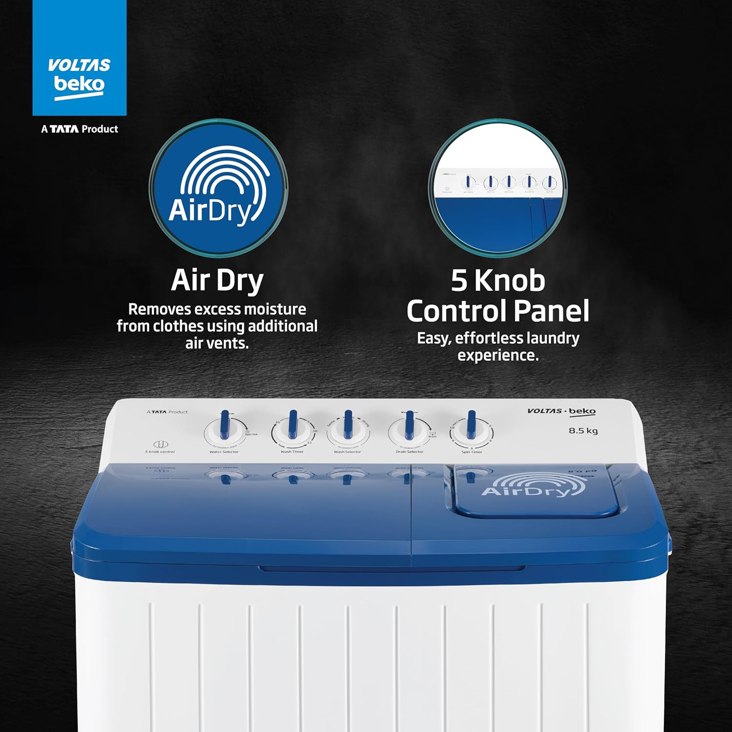 Voltas Beko A Tata Product 85 Kg 5 Star Semi-Automatic Top Loading Washing Machine WTT85UHAOK5I0I0W01 Blue Air Dry Pulsator wash technology