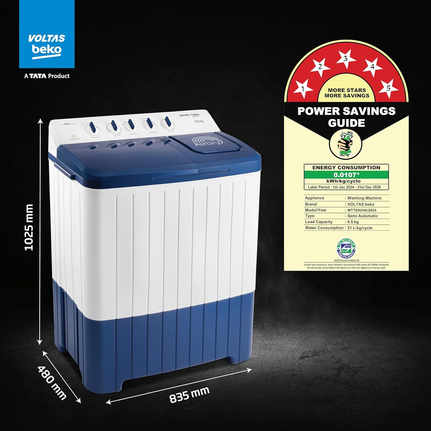 Voltas Beko A Tata Product 85 Kg 5 Star Semi-Automatic Top Loading Washing Machine WTT85UHAOK5I0I0W01 Blue Air Dry Pulsator wash technology