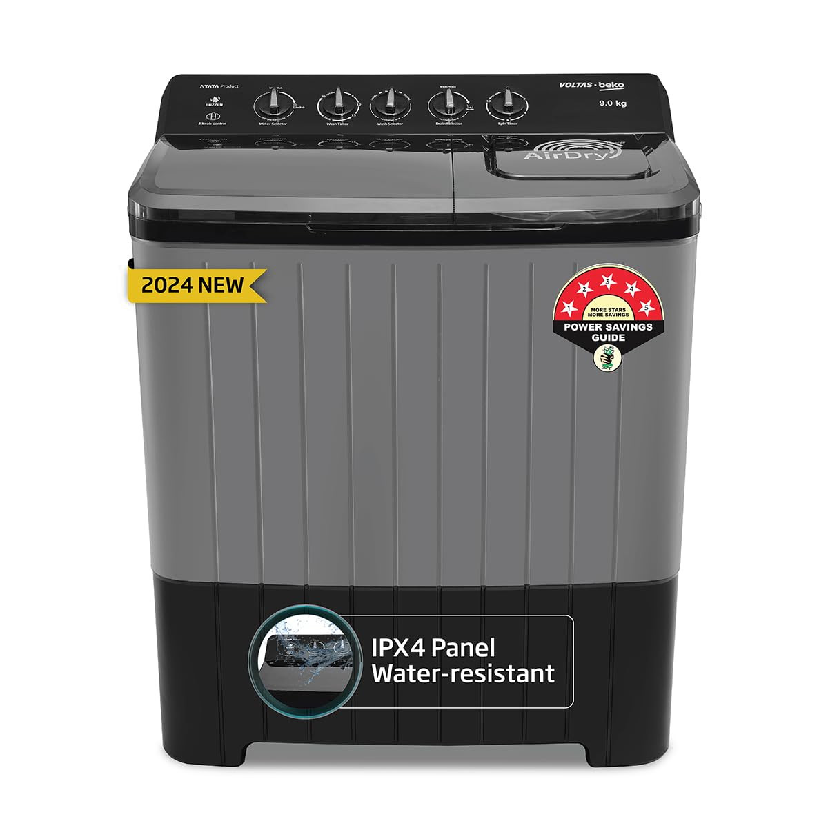 Voltas Beko A Tata Product 9 Kg 5 Star Semi-Automatic Top Loading Washing Machine WTT90UHAOK5B1B1S23 Black Pulsator Wash Method and Double waterfall technology