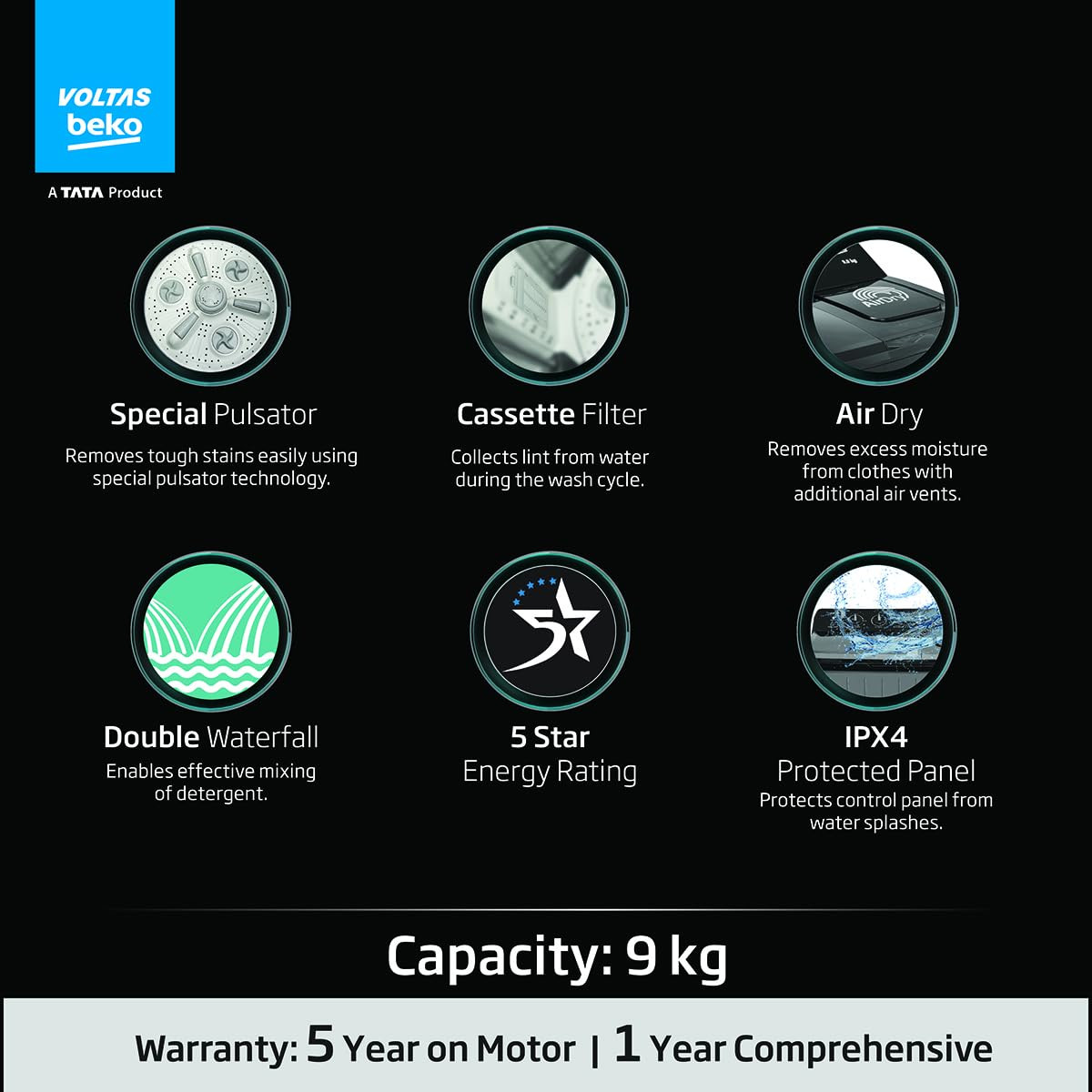 Voltas Beko A Tata Product 9 Kg 5 Star Semi-Automatic Top Loading Washing Machine WTT90UHAOK5B1B1S23 Black Pulsator Wash Method and Double waterfall technology
