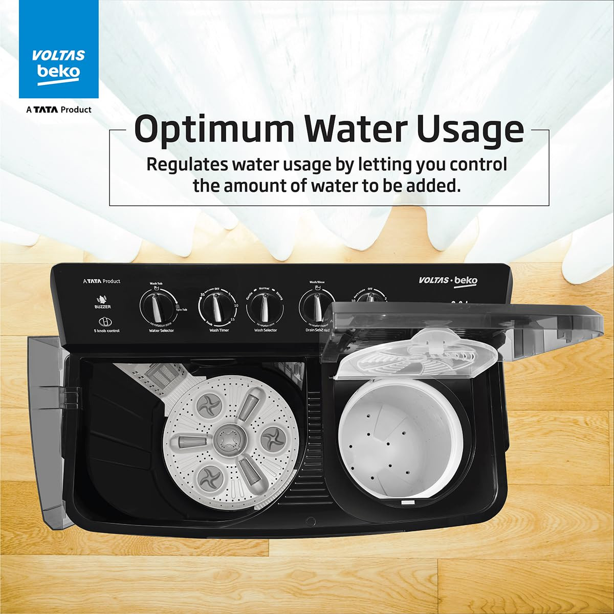Voltas Beko A Tata Product 9 Kg 5 Star Semi-Automatic Top Loading Washing Machine WTT90UHAOK5B1B1S23 Black Pulsator Wash Method and Double waterfall technology